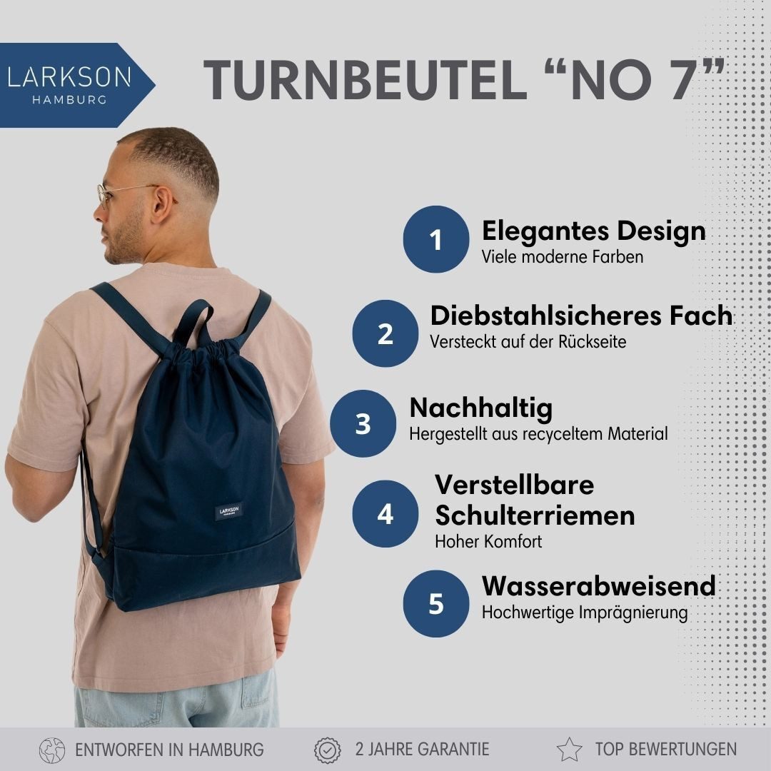 LARKSON Turnbeutel No 7 Turnbeutel Damen Herren (1-tlg), Sporttasche, Anti Diebstahl Seitentasche, Wasserabweisend