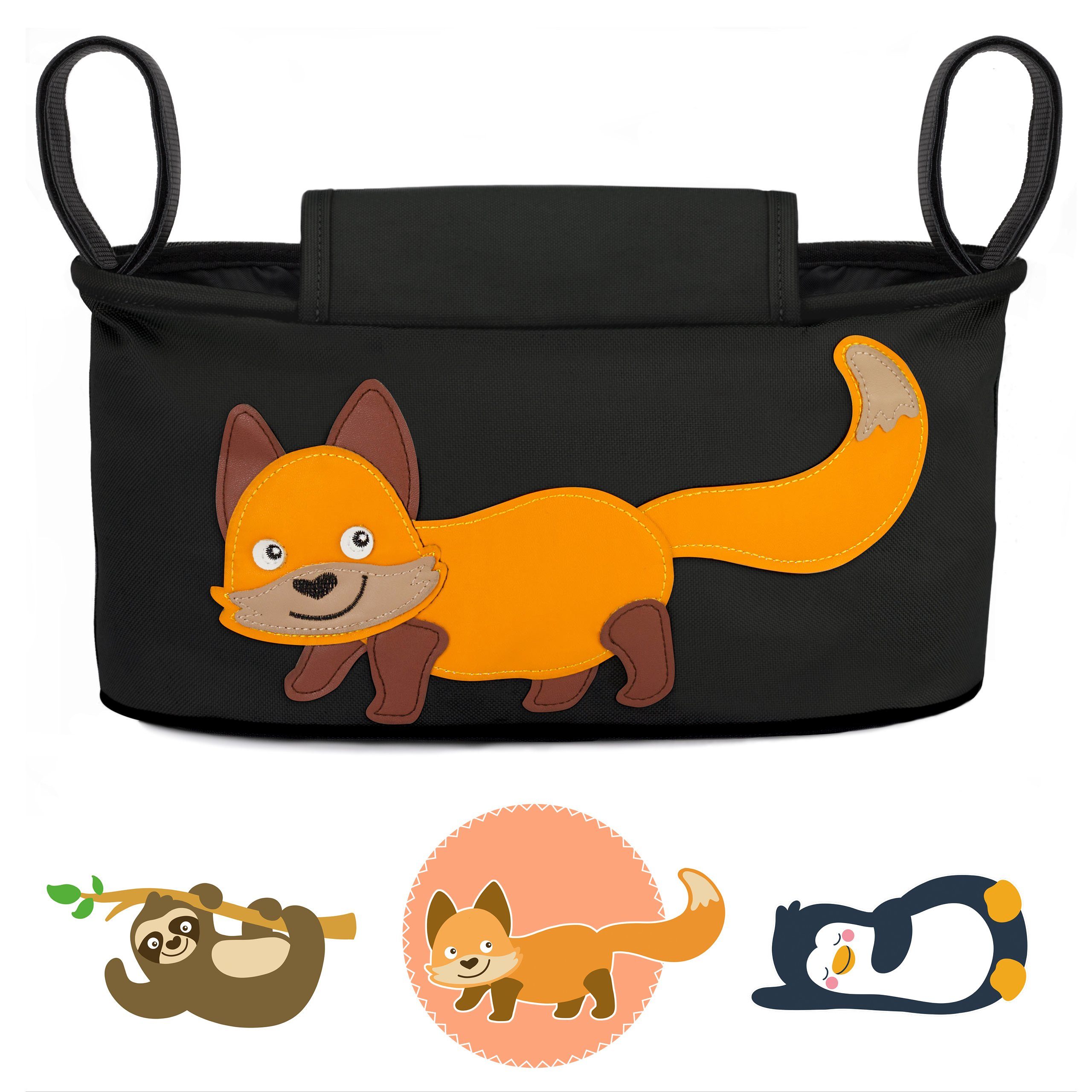 GLÜCKSWOLKE Kinderwagen-Tasche in Grau oder Schwarz I 6 Motive I Kinderwagentasche & Buggy Organizer, Kinderwagen Tasche mit Getränkehalter und Feuchttücherfach