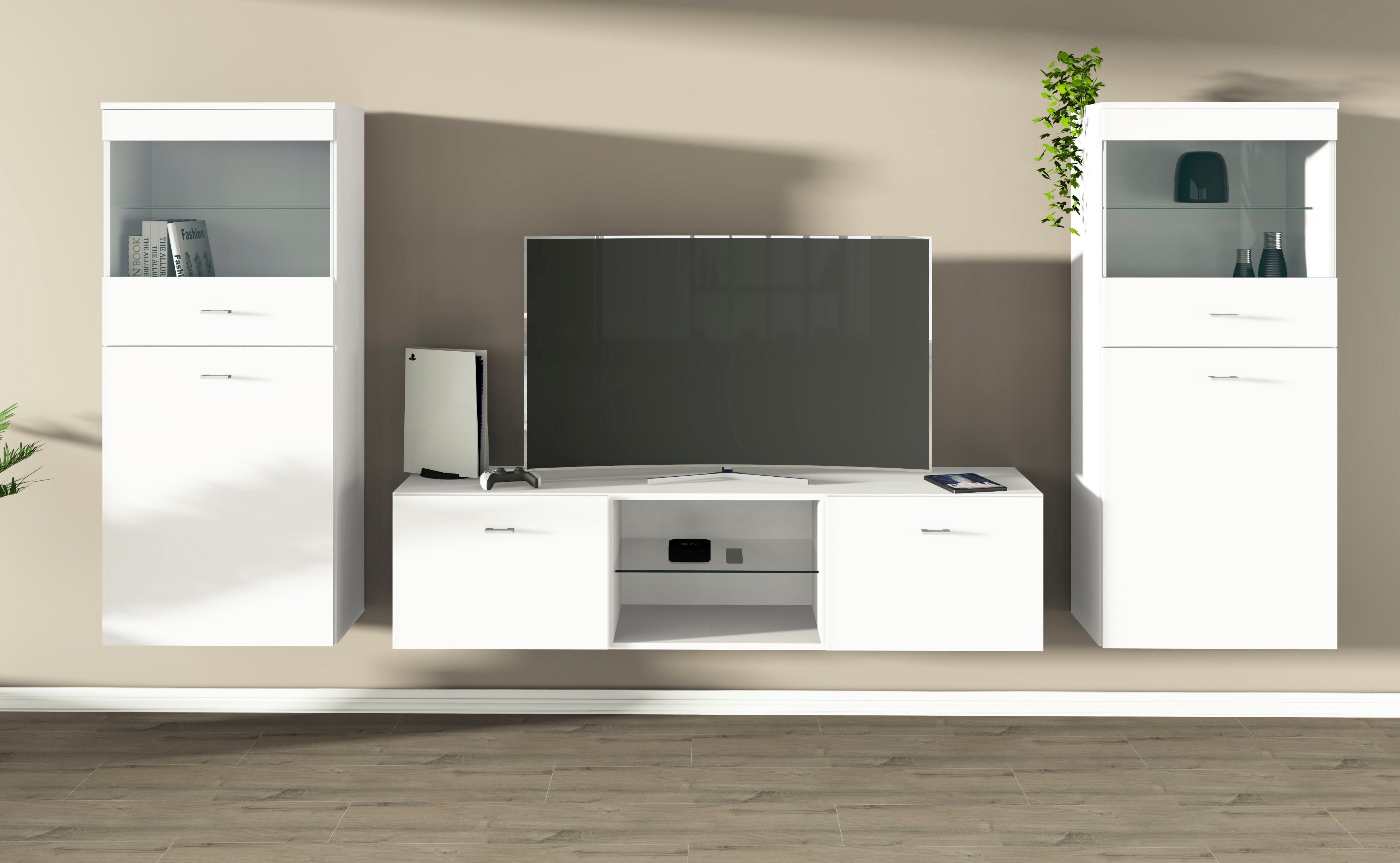 borchardt Möbel Wohnwand Scala, moderne Mediawand mit Vitrinen und Lowboard, (Komplett-Set), 3 - Teilig, hängende Montage, mit Glasböden