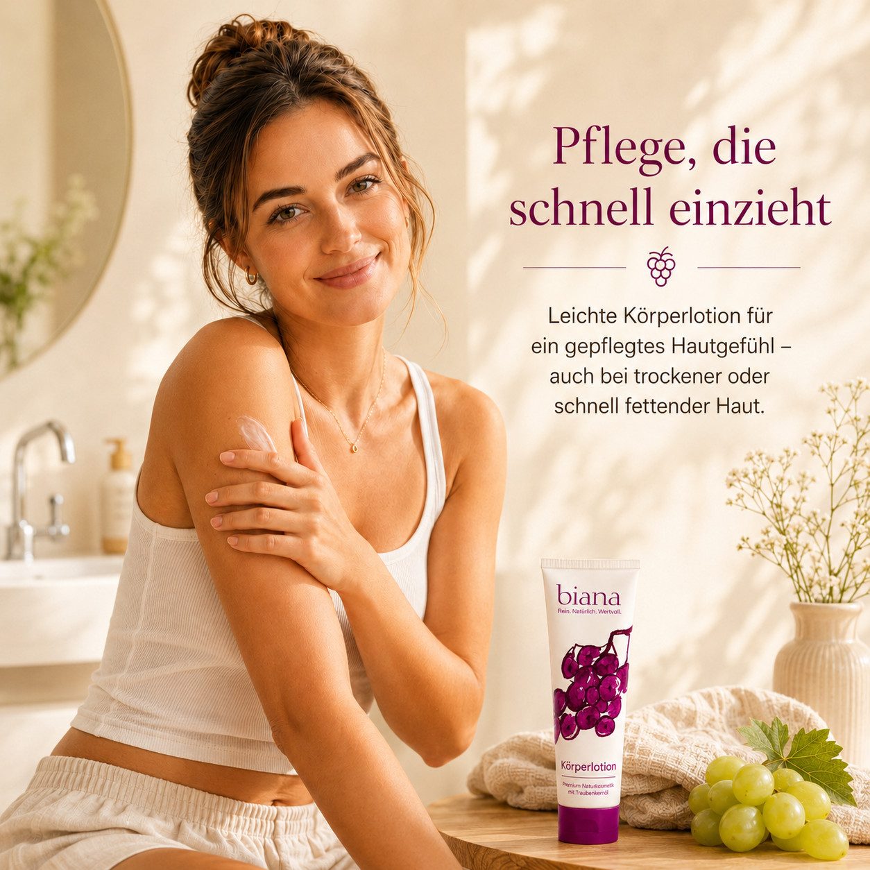 biana Bodylotion – Premium Naturkosmetik mit Traubenkernöl OPC, in einer innovativen Holztuben Verpackung