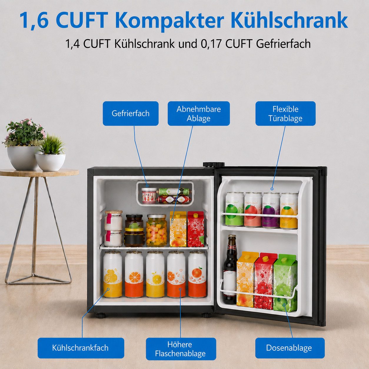Kismile Kühlschrank 45L Mini-Kühlschrank mit Gefrierfach, kleiner Kühlschrank mit wechselbarem Türanschlag BC-46, regelbarer Thermostat, ultra leise & energiesparend