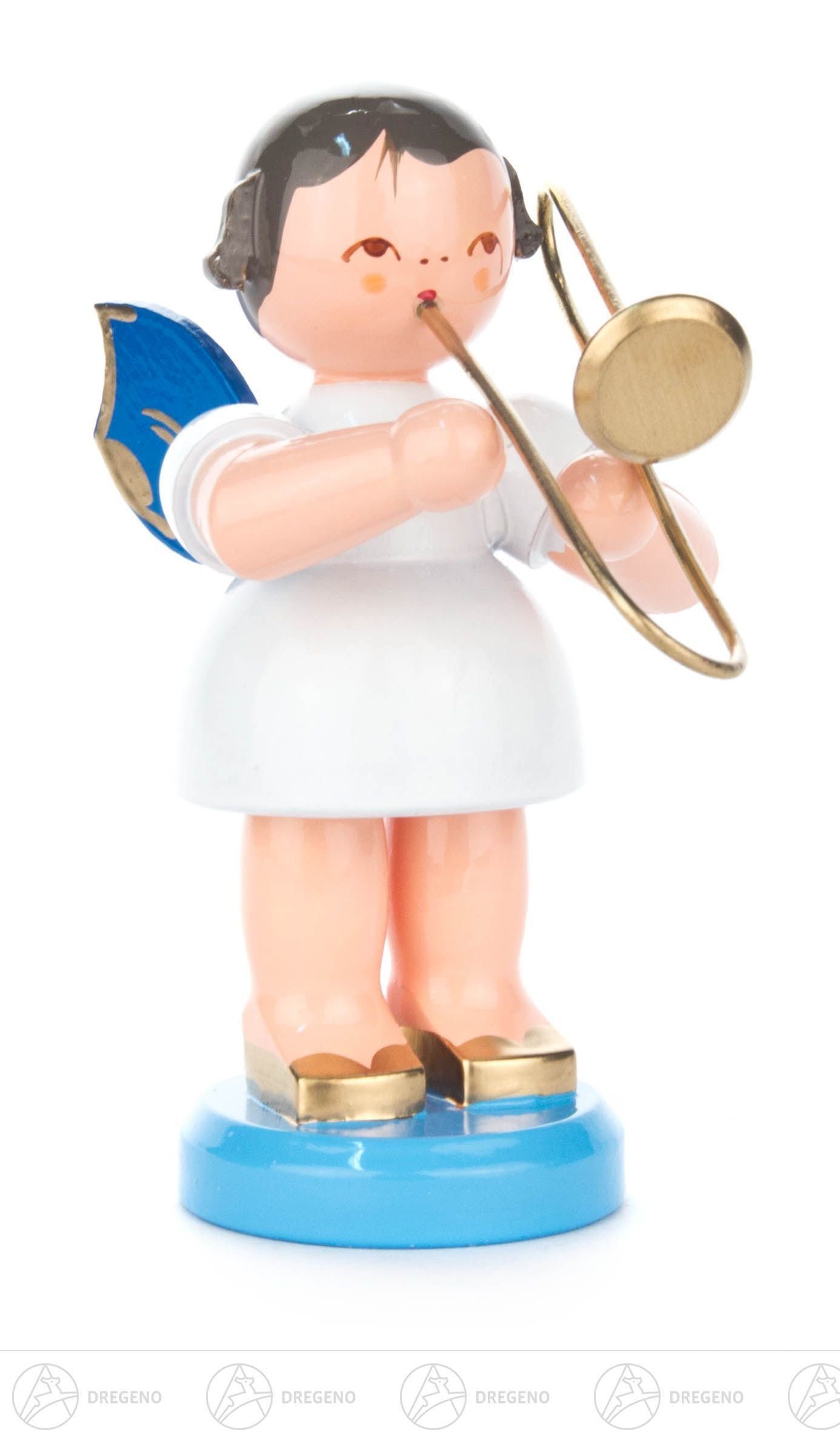 Dregeno Erzgebirge Engelfigur Engel mit Posaune stehend groß, blaue Flügel Höhe ca 9 cm NEU