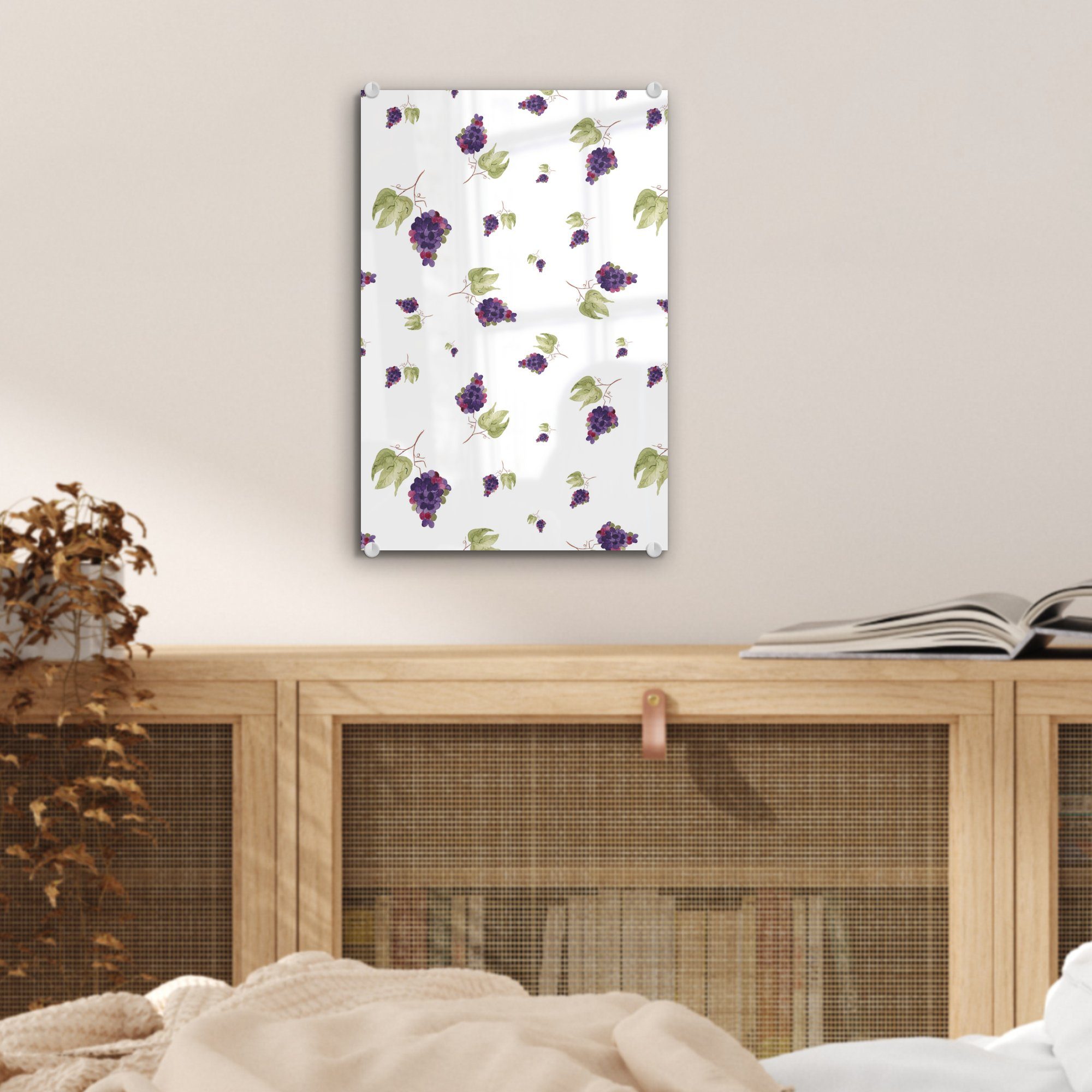 - Schablonen, auf - - St), Acrylglasbild Blätter auf Wanddekoration Weintrauben MuchoWow Bilder (1 Wandbild Glas Glas - Foto - Glasbilder