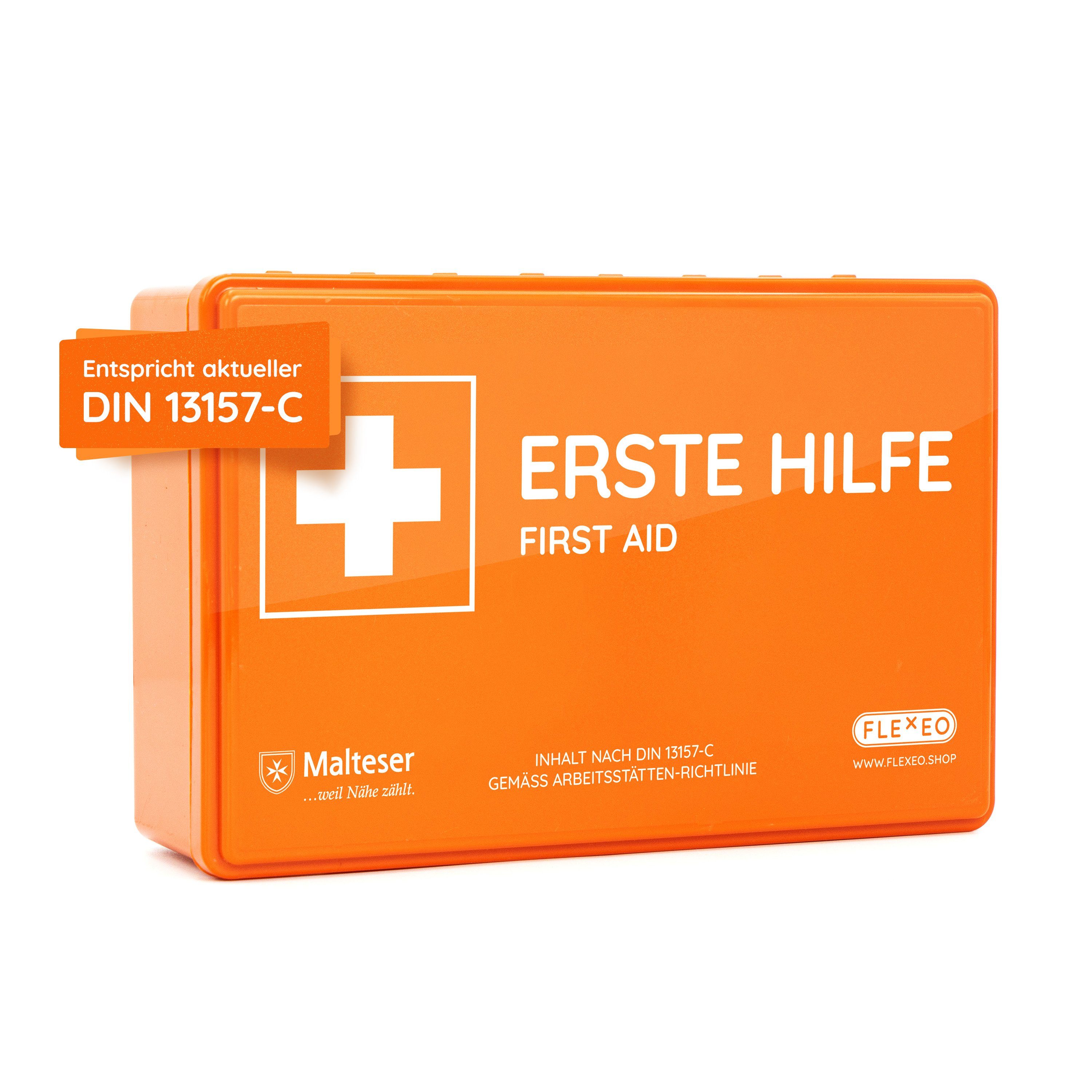 FLEXEO Erste-Hilfe-Koffer DIN 13157, (1 St), Betriebsverbandkasten inkl.  Wandhalterung, orange
