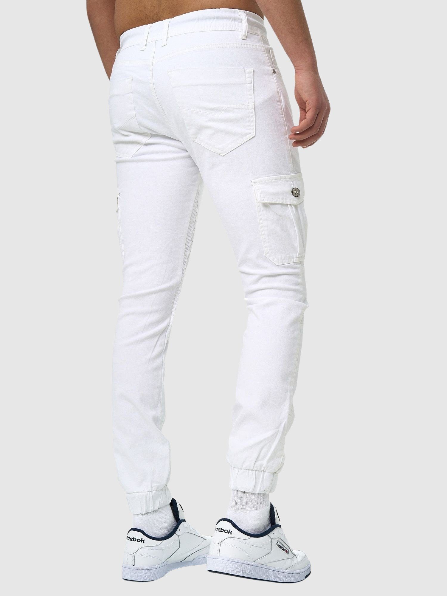 Herren Männer Freizeit 1-tlg) Fit John Casual Streetwear, Stoff Utility Kayna Jeans Cargojeans Herrenhose Hose Slim Cargohose Chino Weiß Business Cargo (Chino