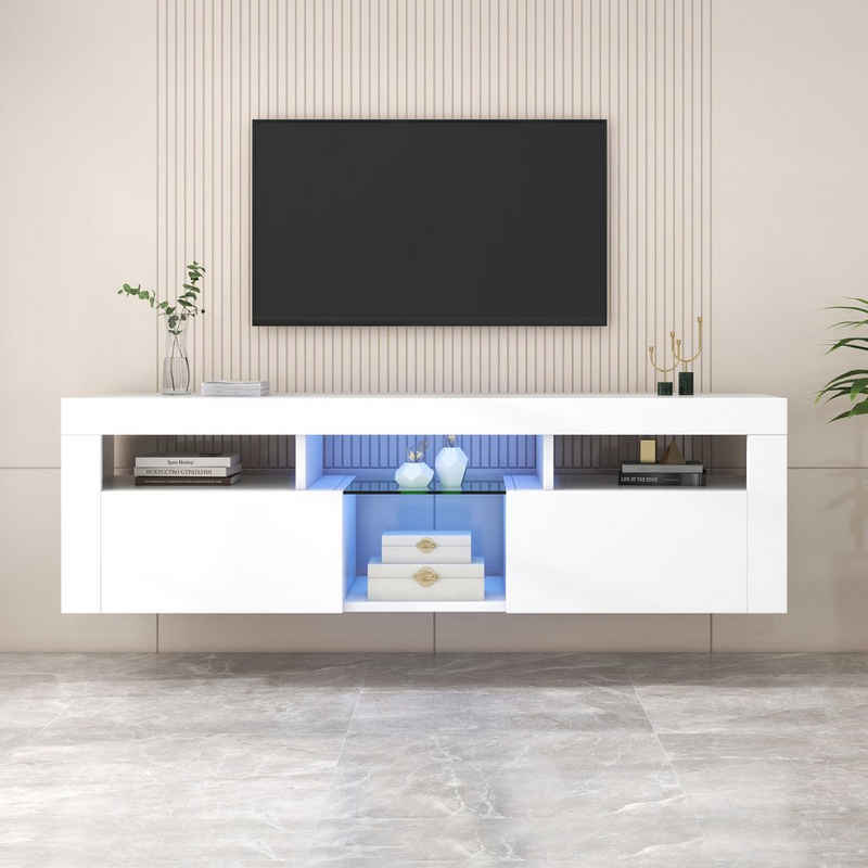 Merax Lowboard Scandi mit Glaseinlegeboden, Fernsehtisch, Wandmontage/Freistehend mit Klapptüren, TV-Schrank hochglänzend, B:140cm