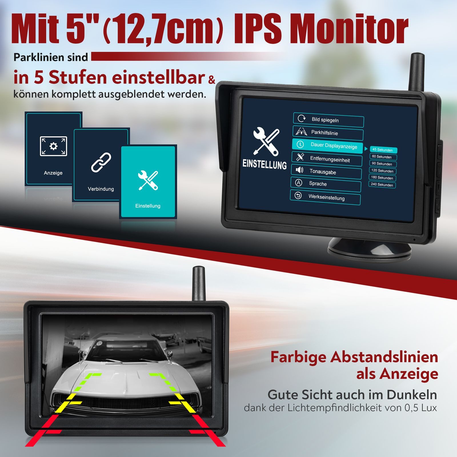CARMATRIX Premium Solar 4 Rückfahrkamera (HD Solar Funk Video Rückfahrsystem im Nummernschild Kennzeichenhalter, Rückfahrkamera mit Solarpanel Akku kabellos ohne Bohren nachrüsten)