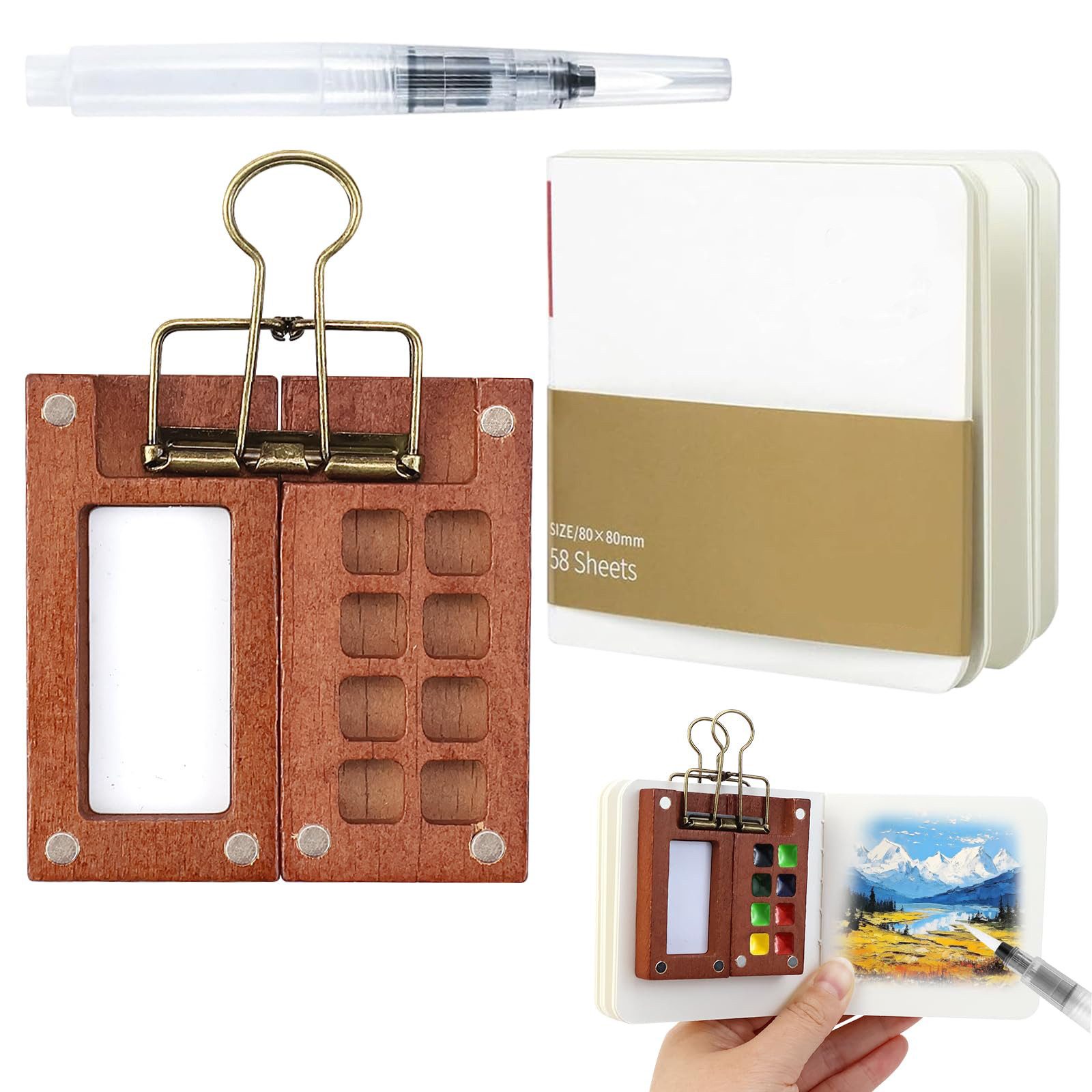 Coonoor Aquarellpapier Tragbare 8-Fächer-Palette mit Skizzenbuch, Binderclip & Pinsel, Mini-Wasserfarben-Set für Künstler unterwegs