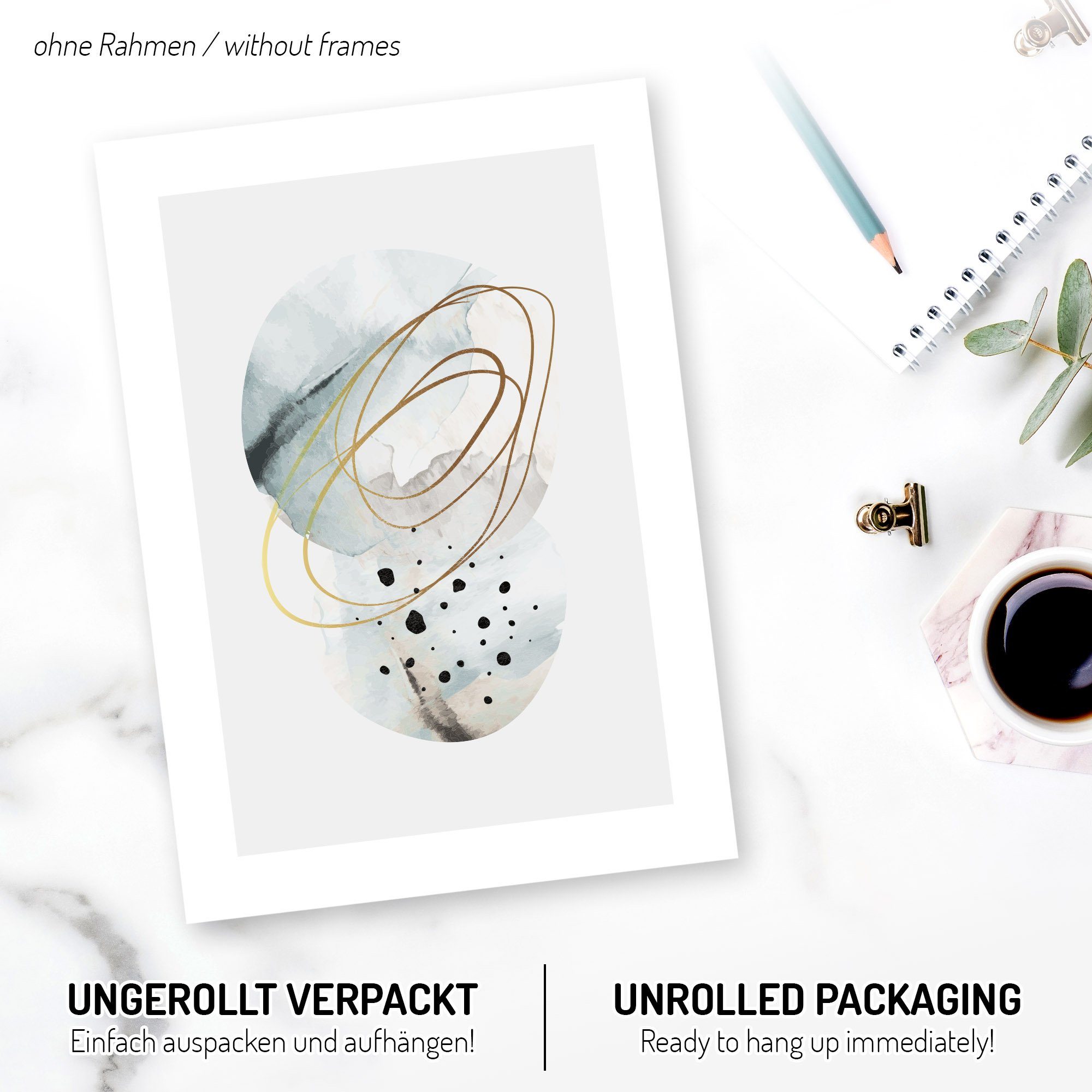 Kreative Feder Poster Abstrakt Blau, Abstrakt (Set, 3 St), 3-teiliges Poster-Set, Wandbild, optional mit Rahmen, DIN A4 oder A3