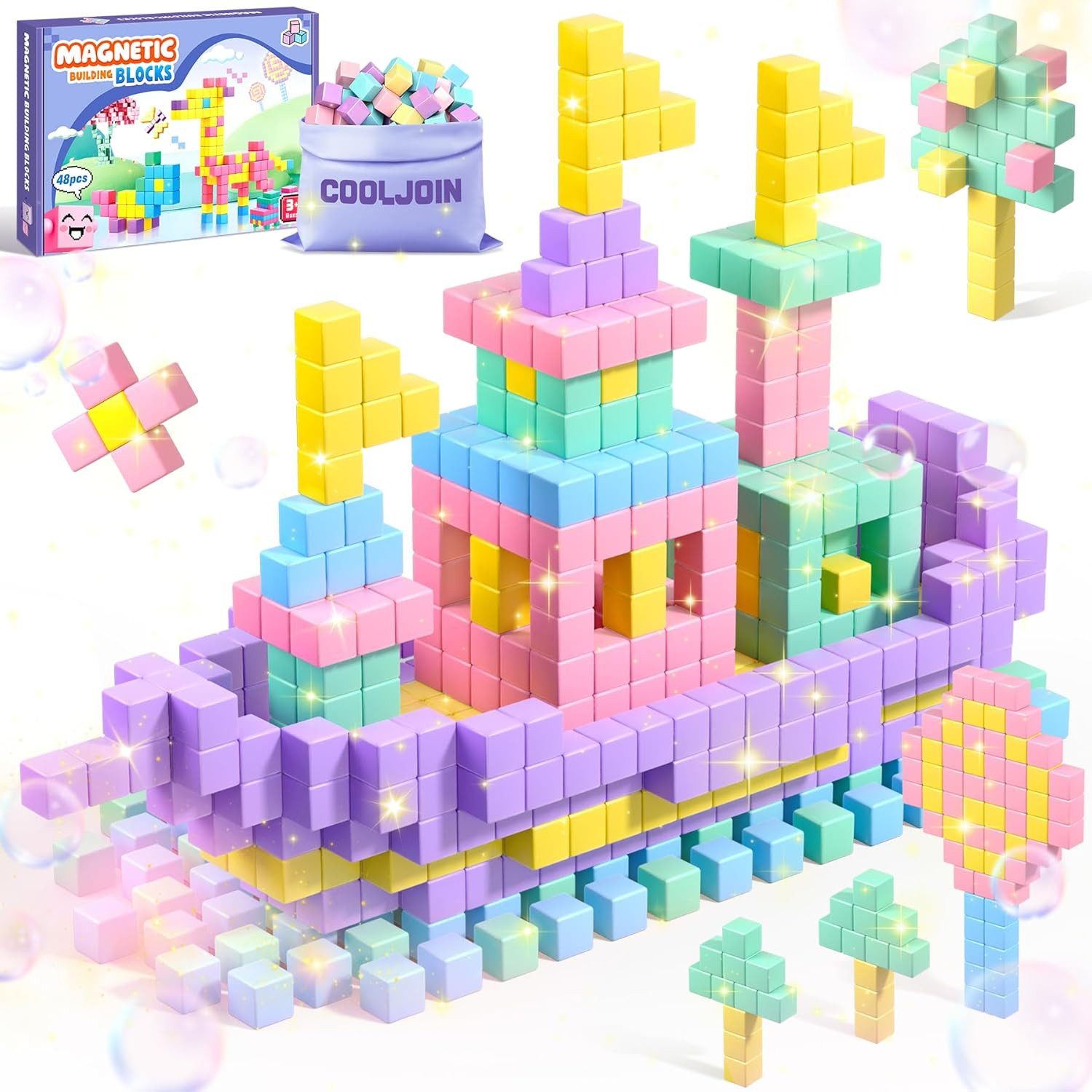 POPOLIC Magnetische Bausteine - Macaron Magnetbausteine Magnetspielbausteine, (Pädagogisches Montessori Spielzeug ab 3 Jahre,48PCS Kreatives Magnetspielzeug Set mit Aufbewahrungstasche, 48 St), Geschenk für Mädchen ab 3-12 Jahre