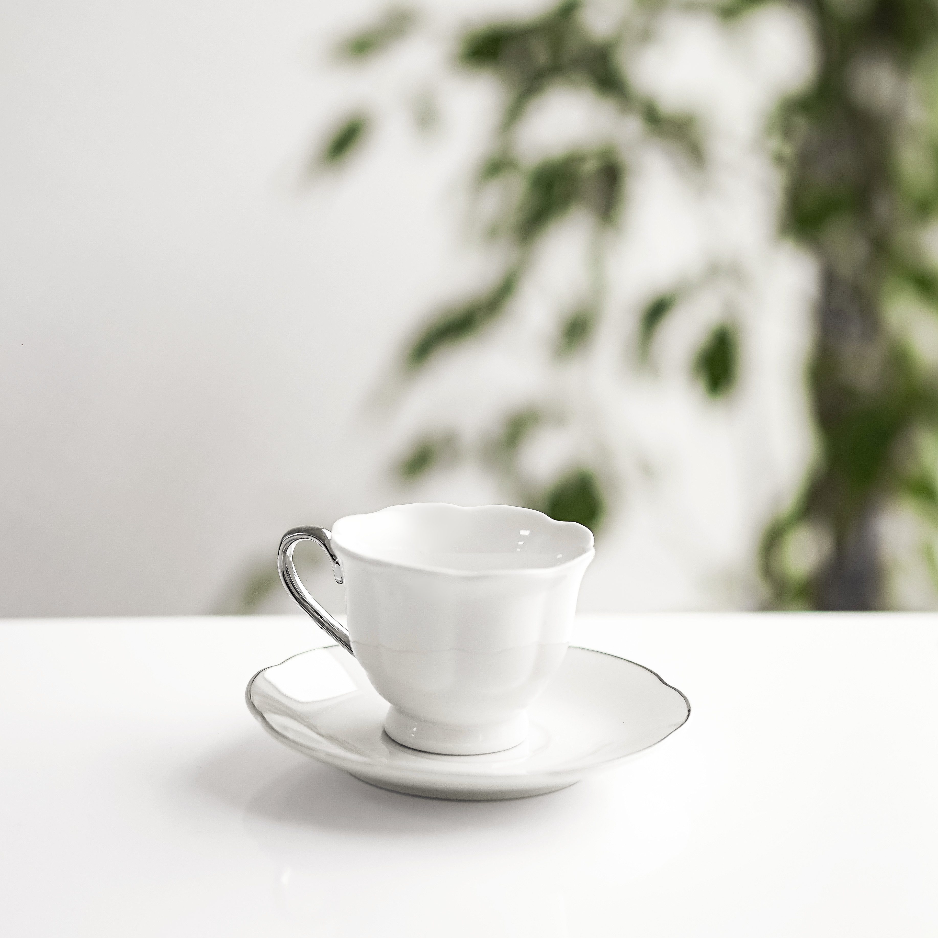 Mulex Kaffeeservice 12-tlg Mokkatassen-Set aus hochwertigem Porzellan - 90 ml, Weiß/Silber (12-tlg), 6 Personen, Porzellan, 6x Mokkatassen, 6x Untertassen