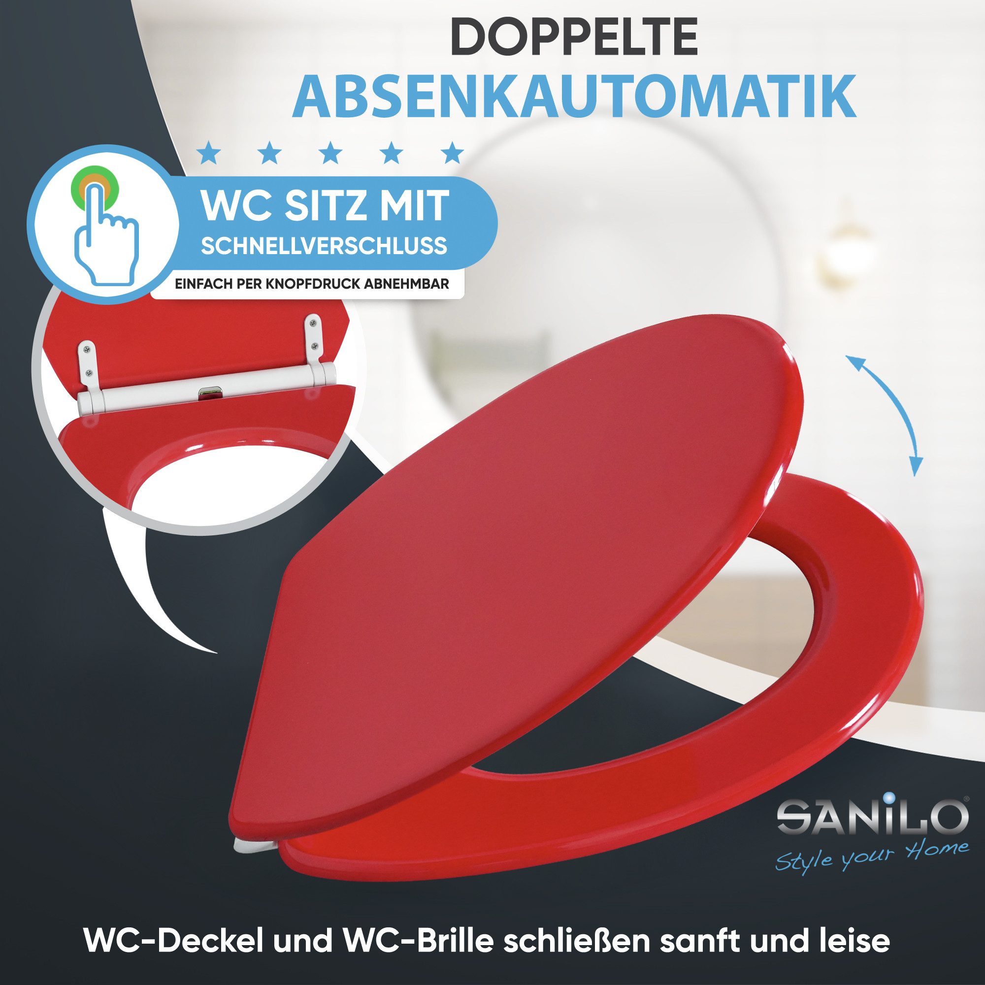 Sanilo WC-Sitz Rot mit Absenkautomatik & Quick Release, Premium Toilettendeckel, abnehmbar, leichte Montage von oben