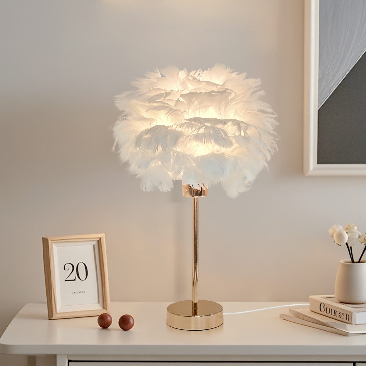 JDONG Tischleuchte Weiße kunstliche Feder, Deko Lampe Wohnzimmer 30/35cm, E günstig online kaufen