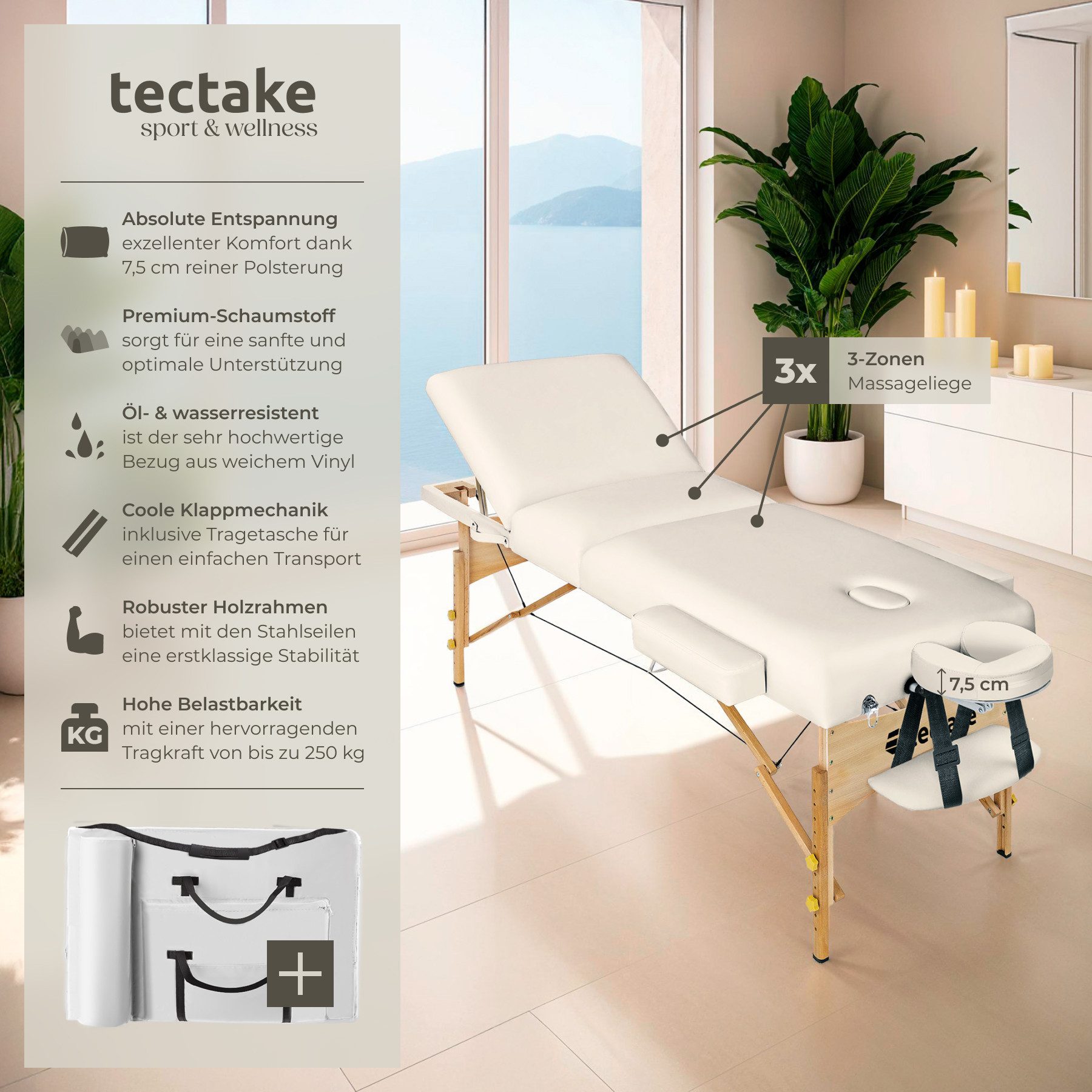 tectake Massageliege 3 zonen tisch Somwang mit extra dicker Polsterung (Set, 1-St., mit Tragetasche), weich gepolstert, belastbar bis 250 kg
