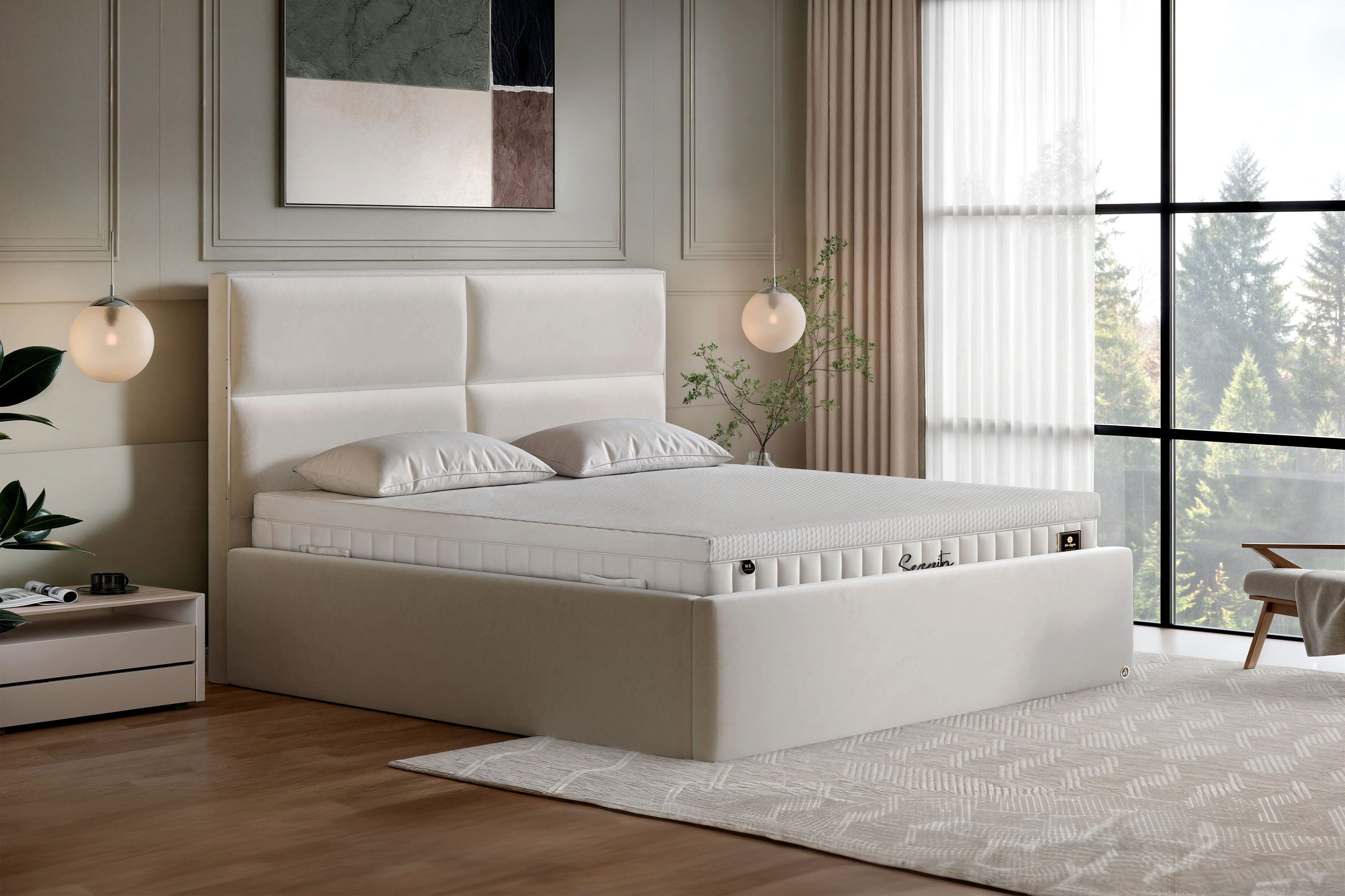 Di-Lara Polsterbett Theresa 140x200 cm (Beige, mit Lattenrost(e) und XXL Bettkasten), ohne Matratze(n) und Topper