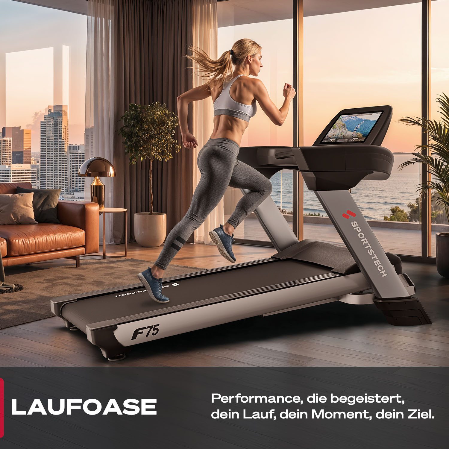 Sportstech Laufband F75 mit 21,5 Zoll Touchdisplay, Profi Laufband, große Lauffläche, 20km/h, Klappbar