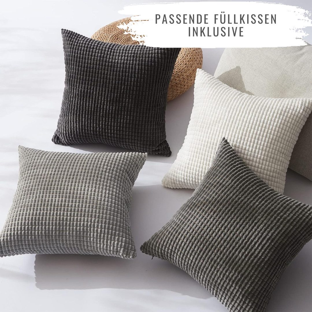 Interior by Hakito Dekokissen 4er Set Kissenbezüge inklusive Füllkissen Set Sven Kordsamt weich, Kissenhülle mit Füllung