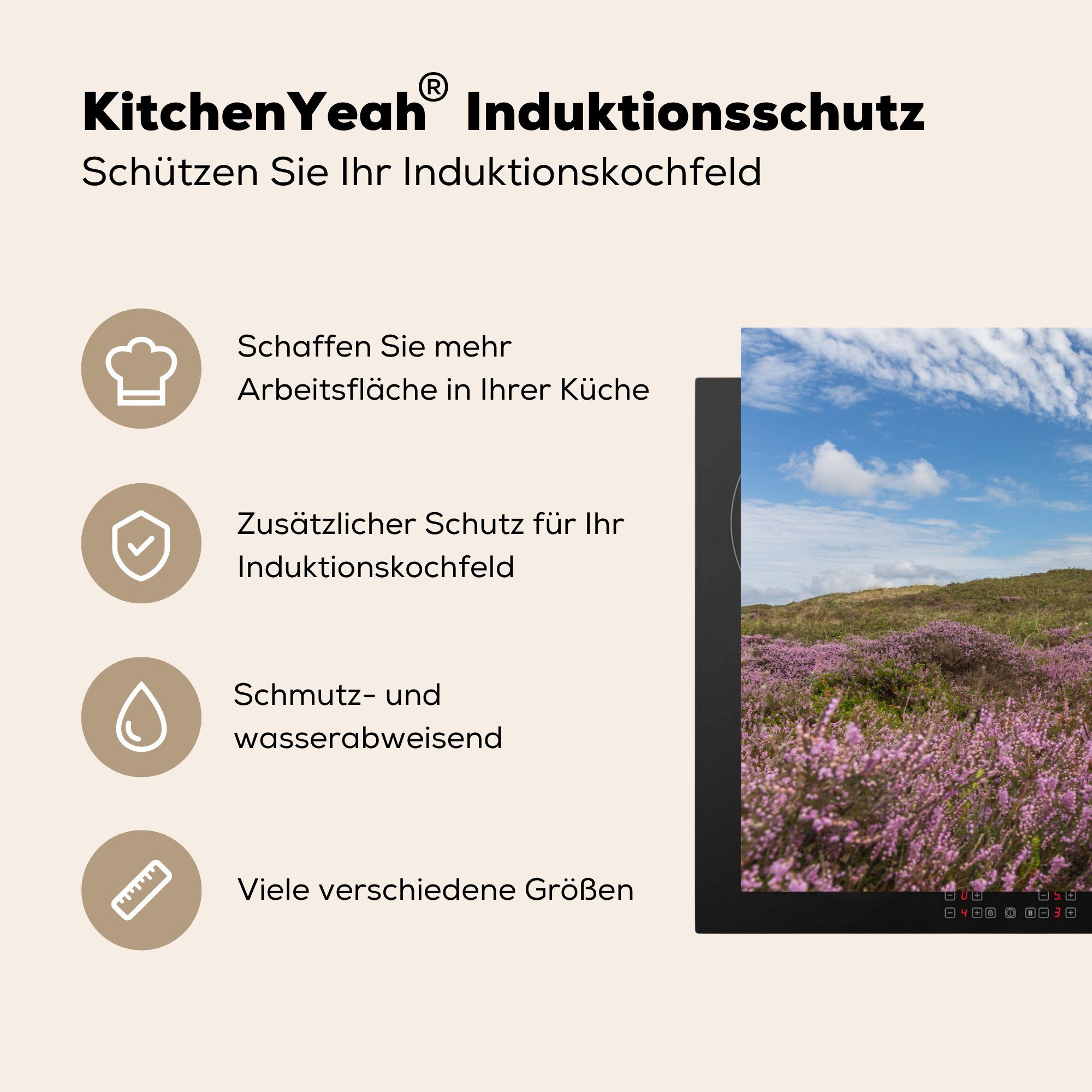 MuchoWow Herdblende-/Abdeckplatte Blühendes Heidekraut in Texel, (1 Schutz den Induktionskochfeld küche, die tlg), Dünen 81x52 von für cm, Ceranfeldabdeckung Vinyl