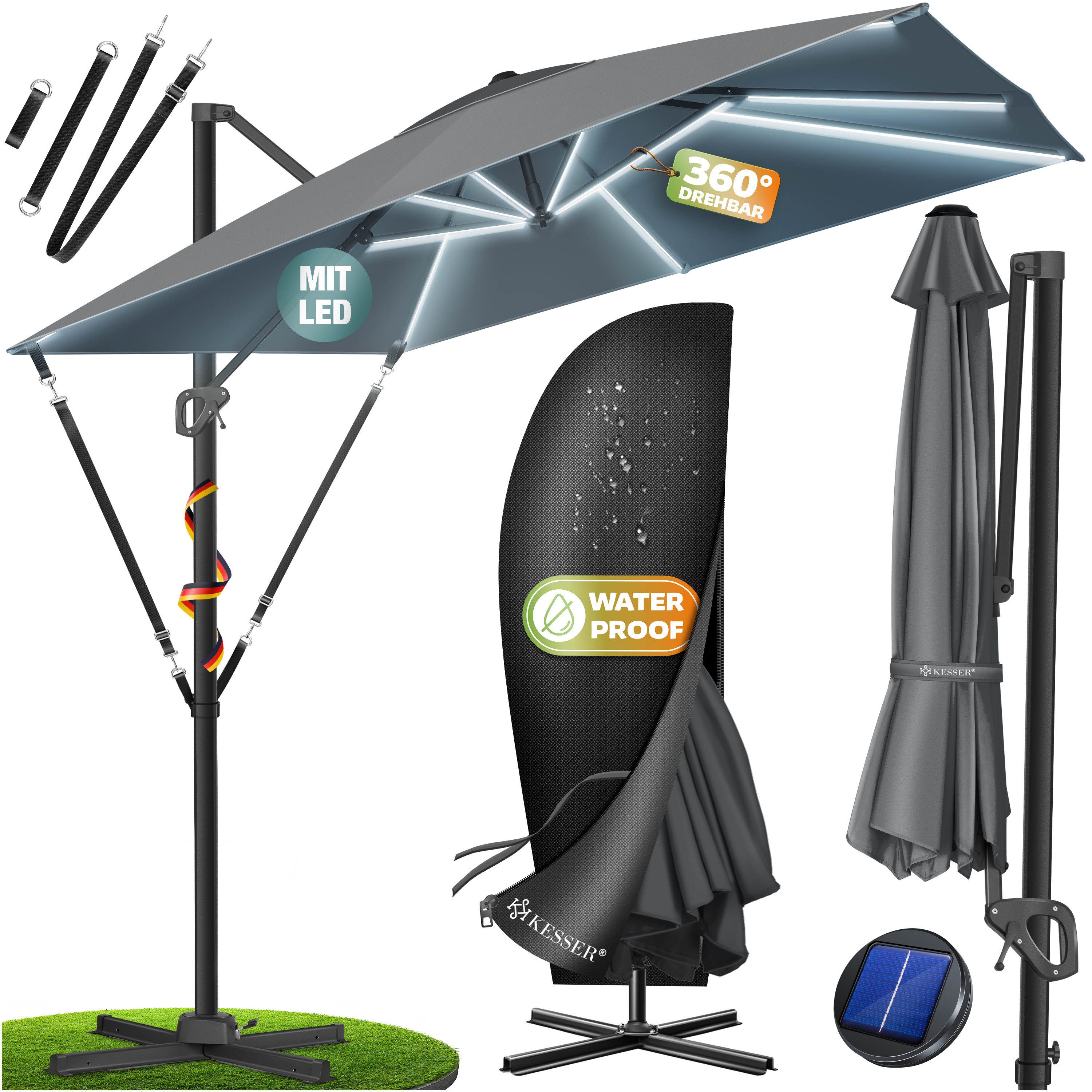 KESSER Ampelschirm, Sonnenschirm SUN XL 300 300 cm Inkl. Abdeckung 360° Drehbar & Neigbar