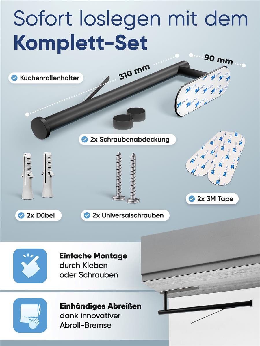 Wohnheld Küchenrollenhalter Küchenrollenhalter Küchenrolle MIT Abrollbremse Schwarz, (Black), MIT Befestigung, OHNE Bohren
