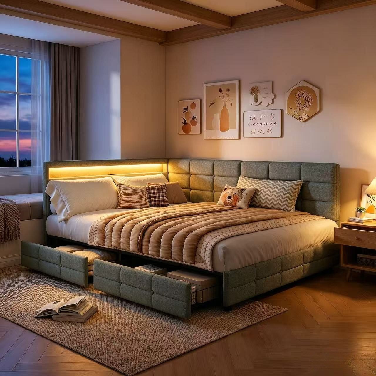 Gdood Polsterbett Doppelbett Daybett Tagesbett LED (Mit Steckdose & USB & TYPE-C, Hydraulisch hebbarer Stauraum, Geeignet für Jungen und Mädchen), Schlafsofa, Mit LED-Beleuchtung, Ladefunktion, Leinen, 140x200 cm