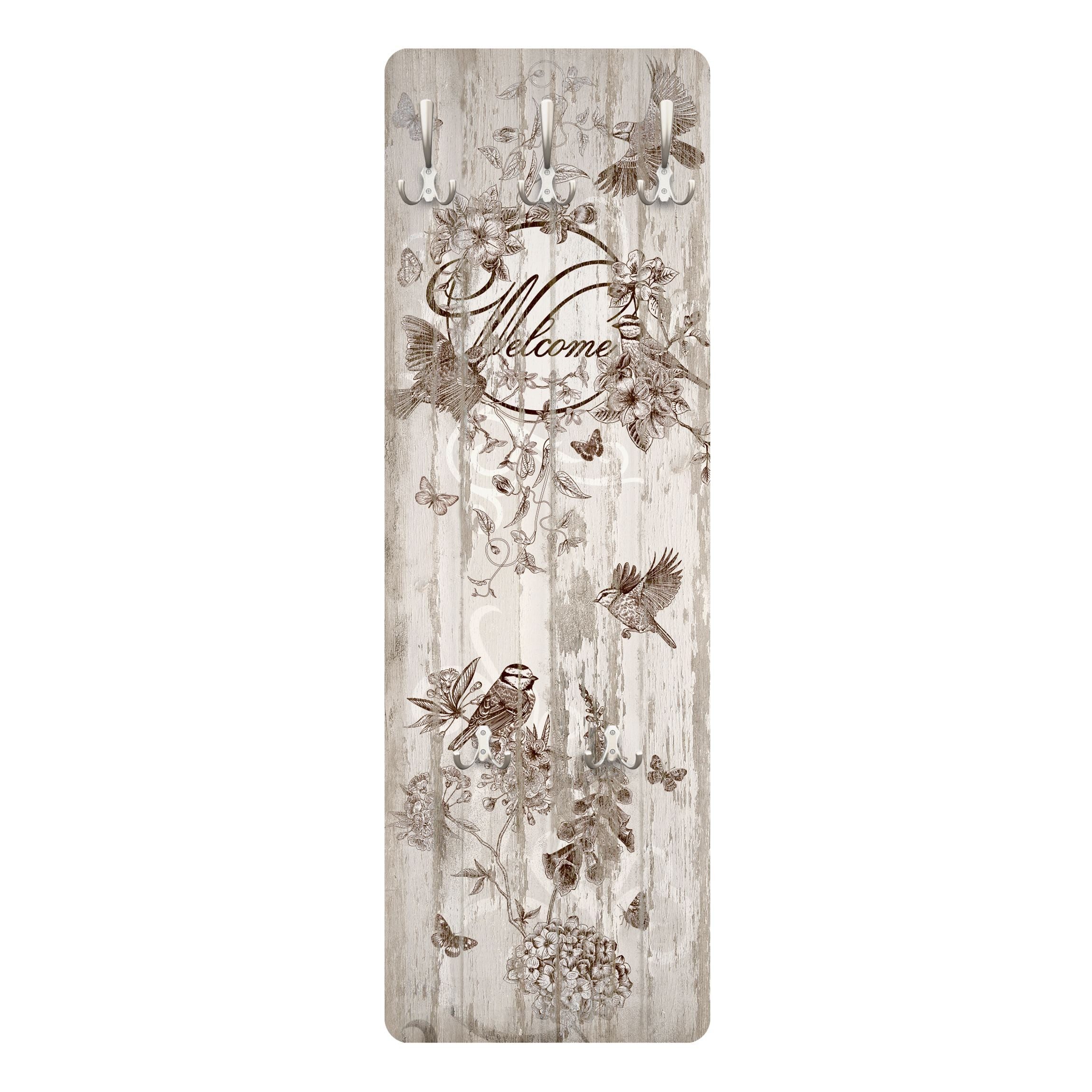 Bilderdepot24 Garderobenpaneel beige Holzoptik Retro Vintage Shabby Tiere Sprüche Welcome Butterfly (ausgefallenes Flur Wandpaneel mit Garderobenhaken Kleiderhaken hängend), moderne Wandgarderobe - Flurgarderobe im schmalen Hakenpaneel Design
