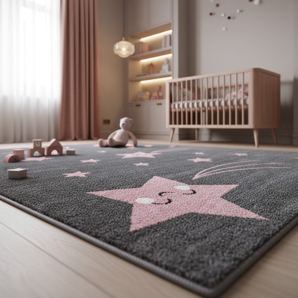 KADIMA DESIGN Kinderteppich TASNA Spielteppich Kinderzimmer Bunt Waschbar Strapazierfähig, Läufer, Höhe: 13 mm, Pink, 80x150 cm, Kurzflorteppich Sterne Waschbar