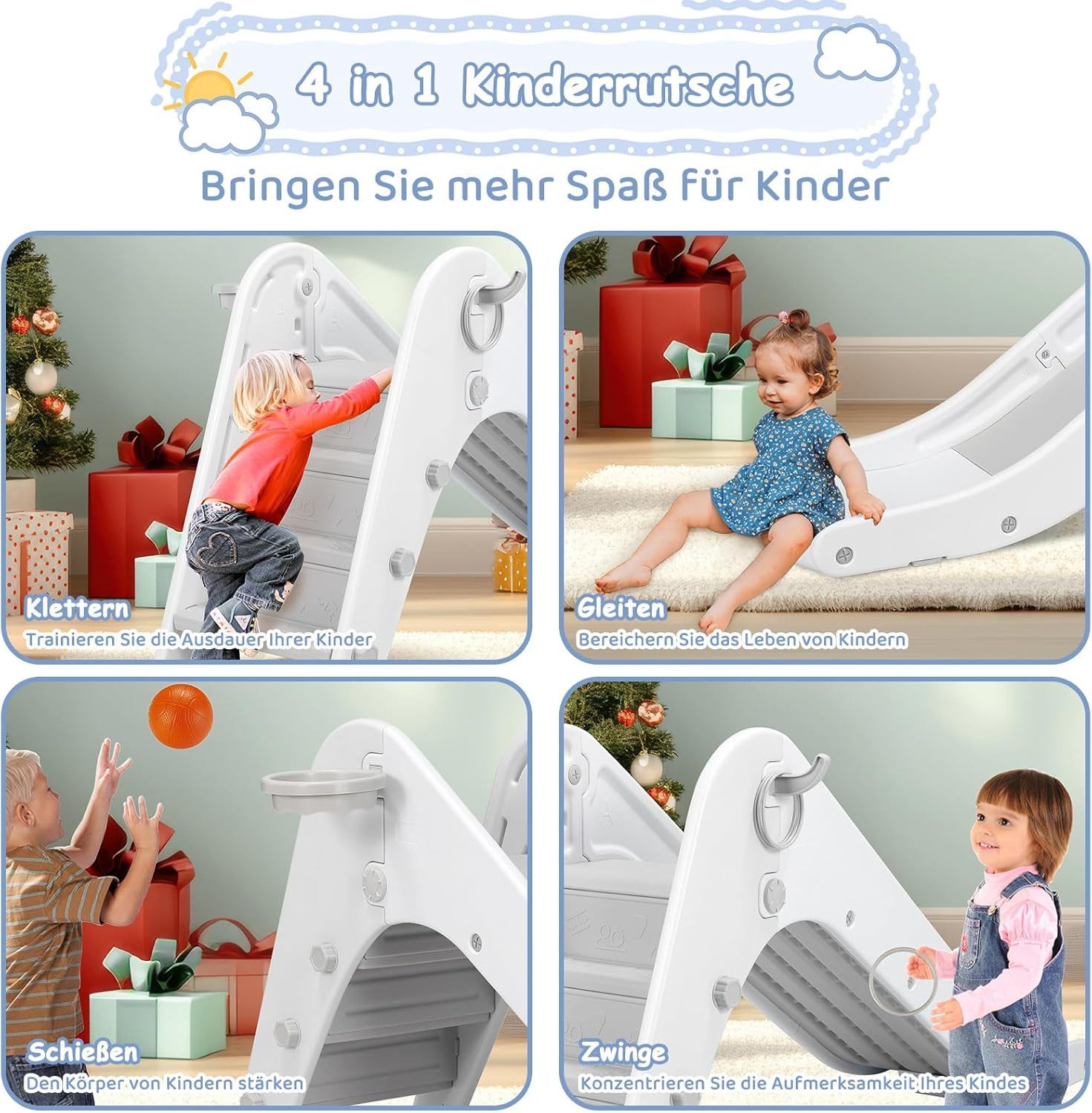 TLGREEN Rutsche Kinder Rutsche mit Basketballkorb und Zwinge, (Treppenrutsche, Kunststoff Gartenrutsche, Outdoor Rutsche für Kinder Spielplatz), Kleinkinderrutsche