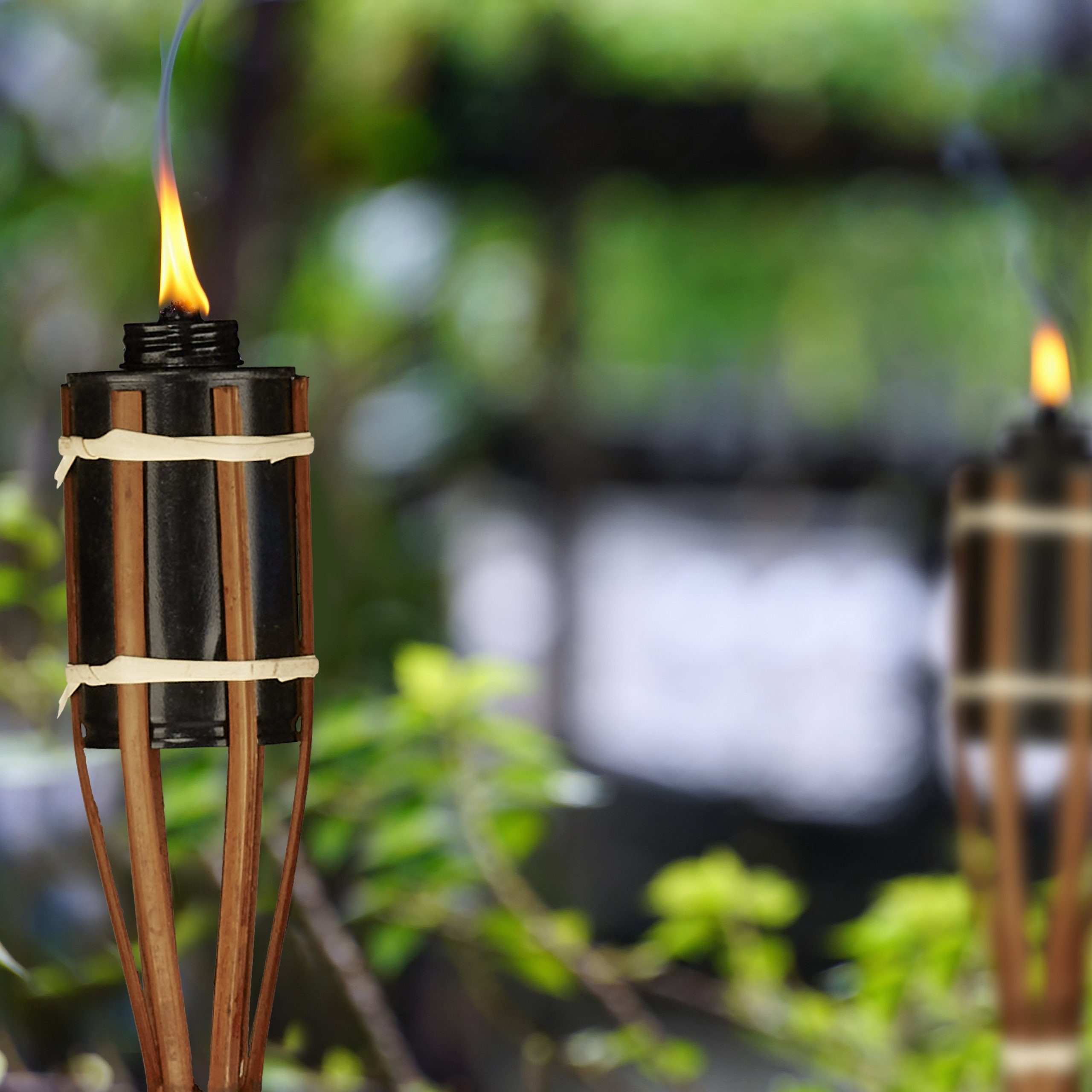 relaxdays Gartenfackel 10er Set Gartenfackeln Bambus braun, Dekorative Gartenbeleuchtung, Öl, orange, warmweiß