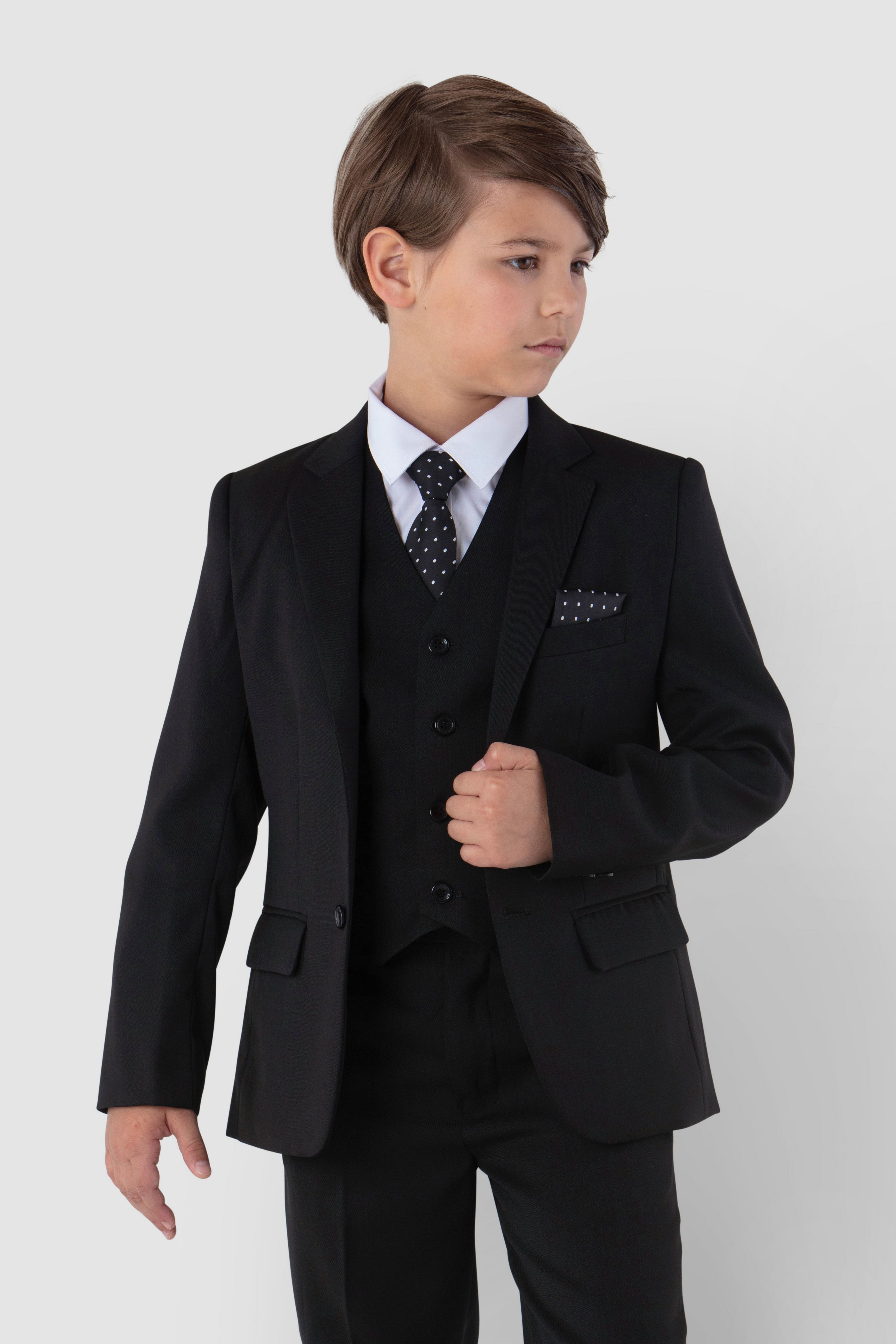 Melli-Trends Kinderanzug Schwarz Weste, und elegant 6-teilig festlich, in Kommunionanzug Set: Jungen Einstecktuch) Krawatte Hemd, Sakko, ( Anzug Hose