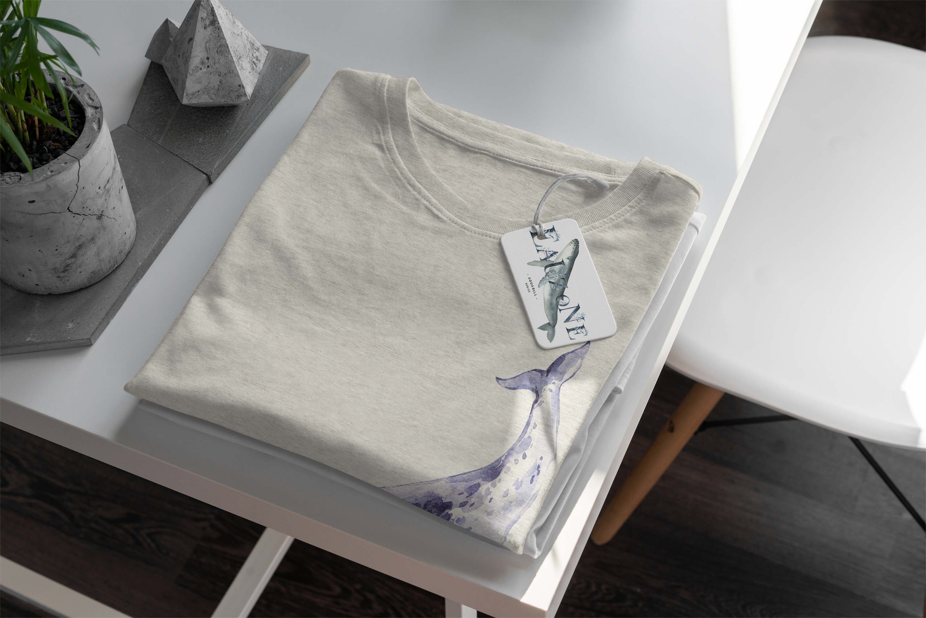 Sinus Art T-Shirt Herren Shirt Narwal 100% aus T-Shirt Ökomode Wasserfarben gekämmte Nachhaltig Motiv Bio-Baumwolle e (1-tlg)