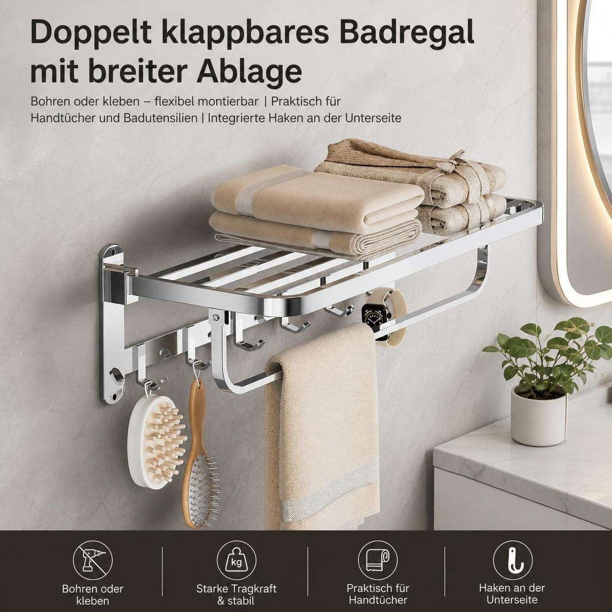 BBG Handtuchständer Klappbarer Handtuchhalter aus Edelstahl, 58 cm, 2-fach klappbar, mit Ablage und 6 Haken, platzsparender Wandhalter – Bild 2 von 5