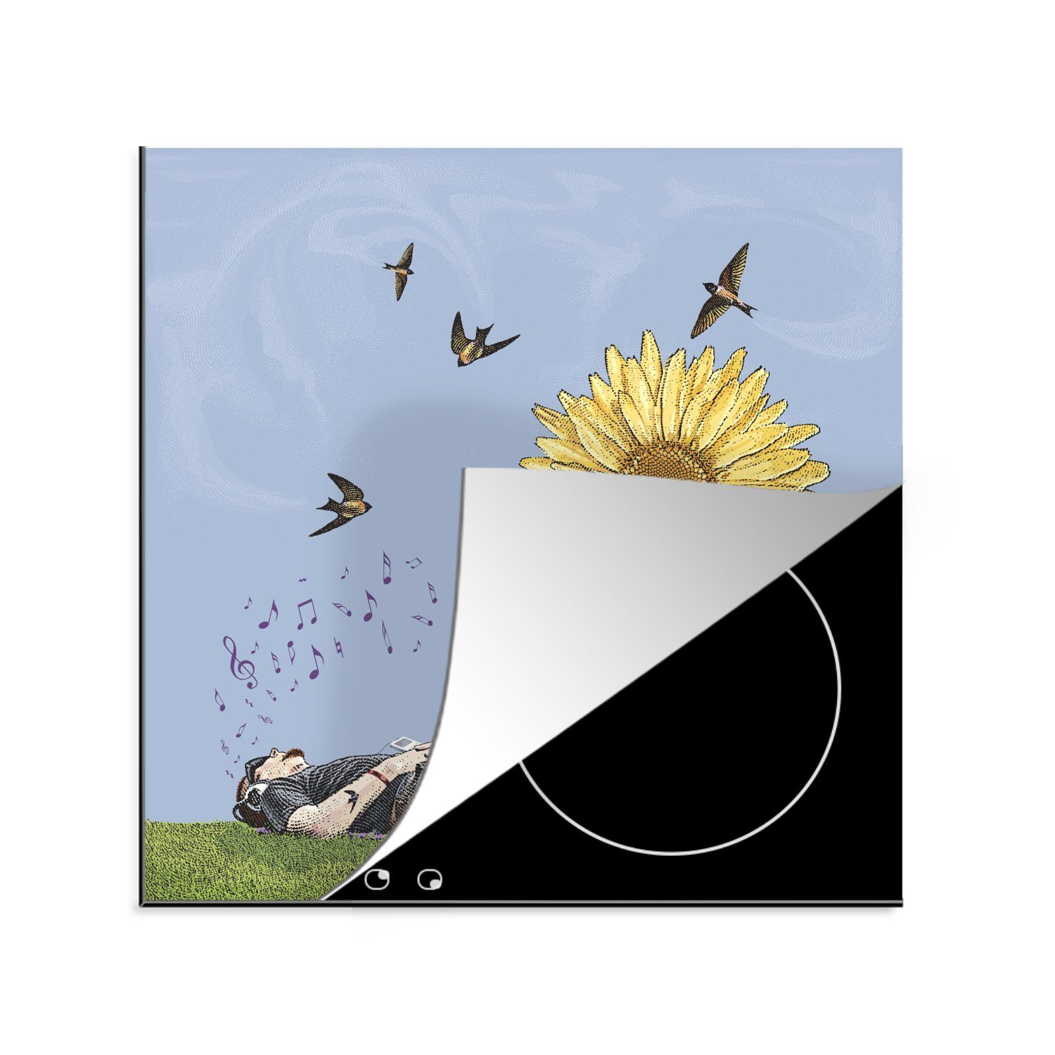 MuchoWow Herdblende-/Abdeckplatte Sonnenblume - Illustration - Vögel, Vinyl, (1 tlg), 78x78 cm, Ceranfeldabdeckung, Arbeitsplatte für küche