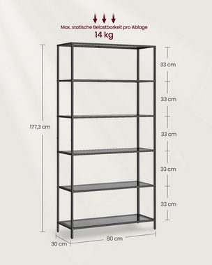 VASAGLE Standregal Regal mit 6 Ablagen, Badregal, gehärtetes Glas