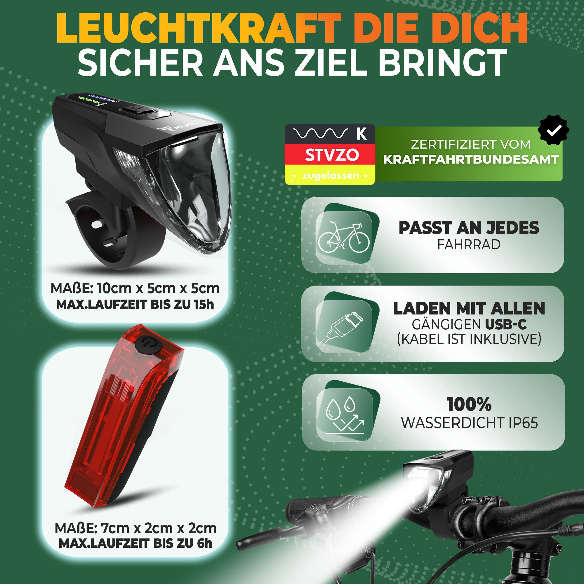 MIVELO Fahrradbeleuchtung LUMIX Fahrradlicht LED Set 70 LUX - Akku USB aufladbar wasserdicht, OSRAM LED