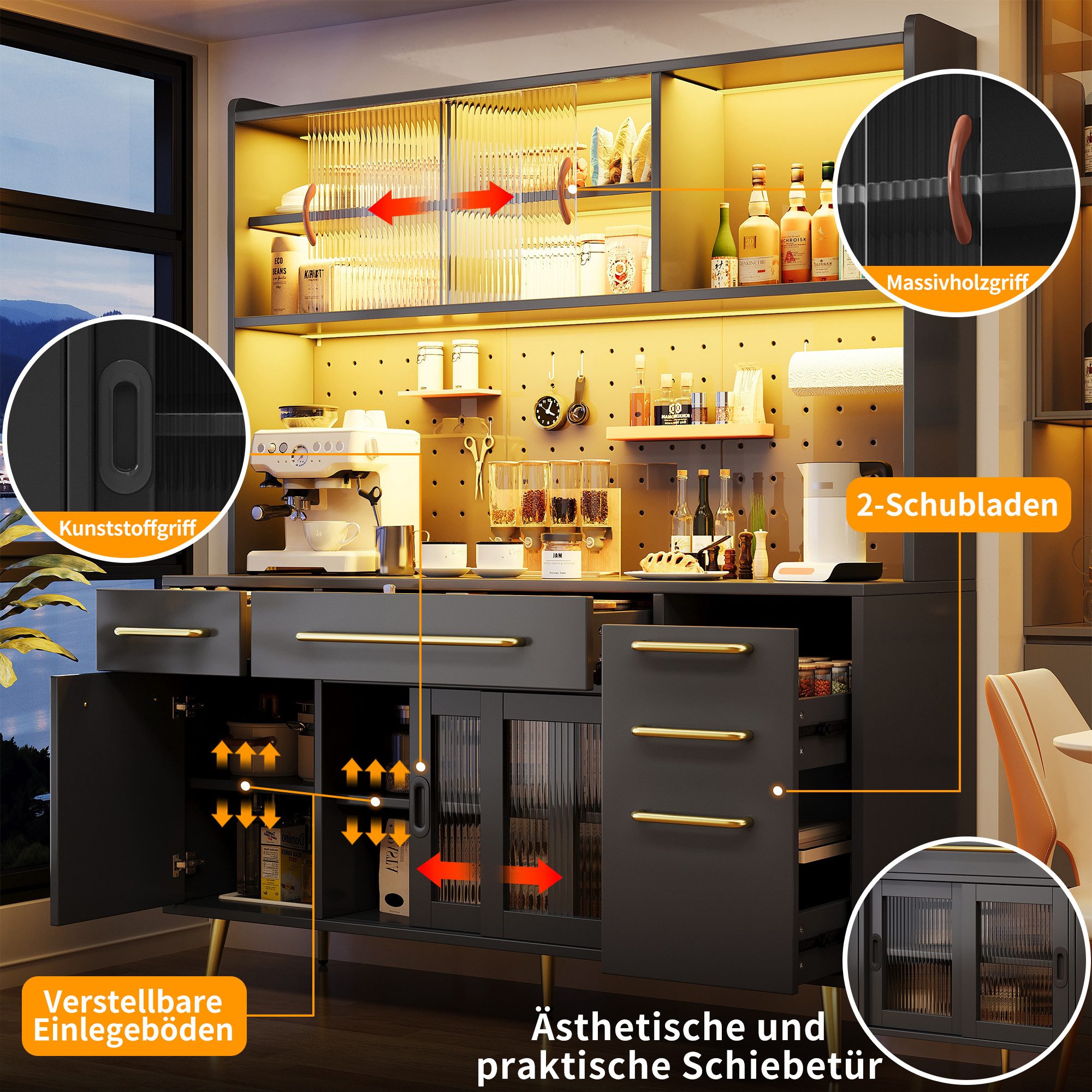 Odikalo Küchenbuffet Küchenschrank Buffetschrank mit LED & großer Stauraum (mit LED-Beleuchtung,Hochschrank für Küche & Wohnzimmer, Aufbewahrungsschrank mit Lochwand, Schublade & Glasböden)