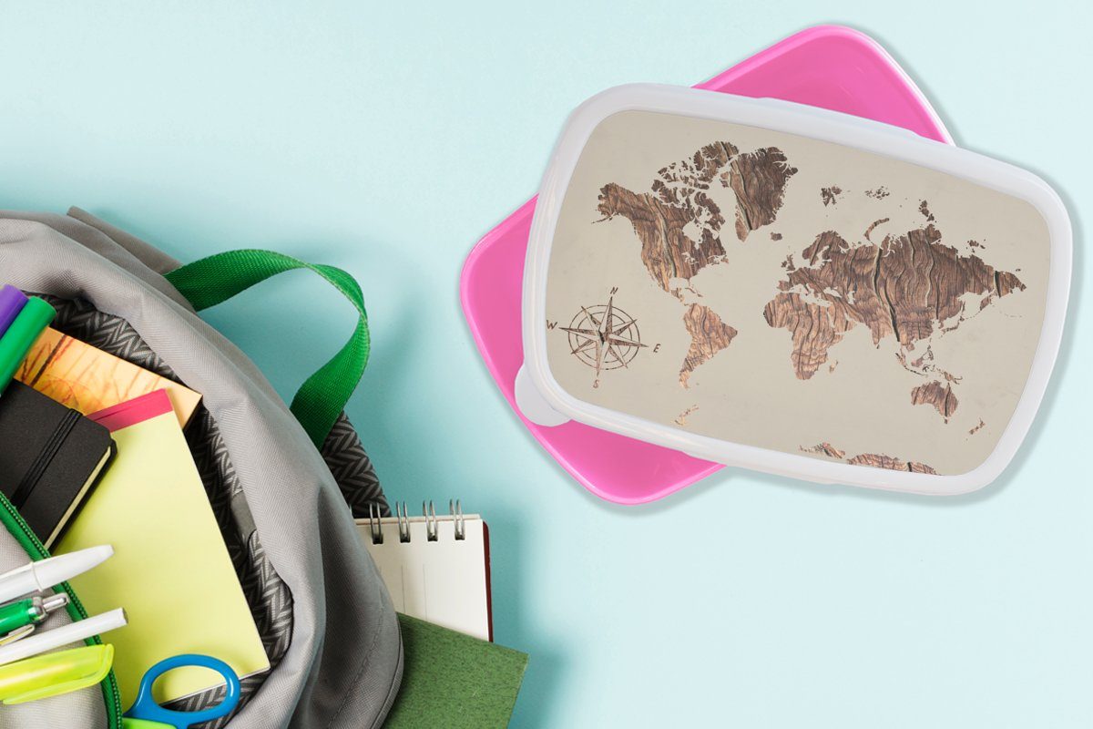 Kunststoff, Snackbox, Lunchbox Brotdose (2-tlg), Brotbox - Erwachsene, Weltkarte MuchoWow für Mädchen, - rosa Windrose, Kinder, Kunststoff Holz