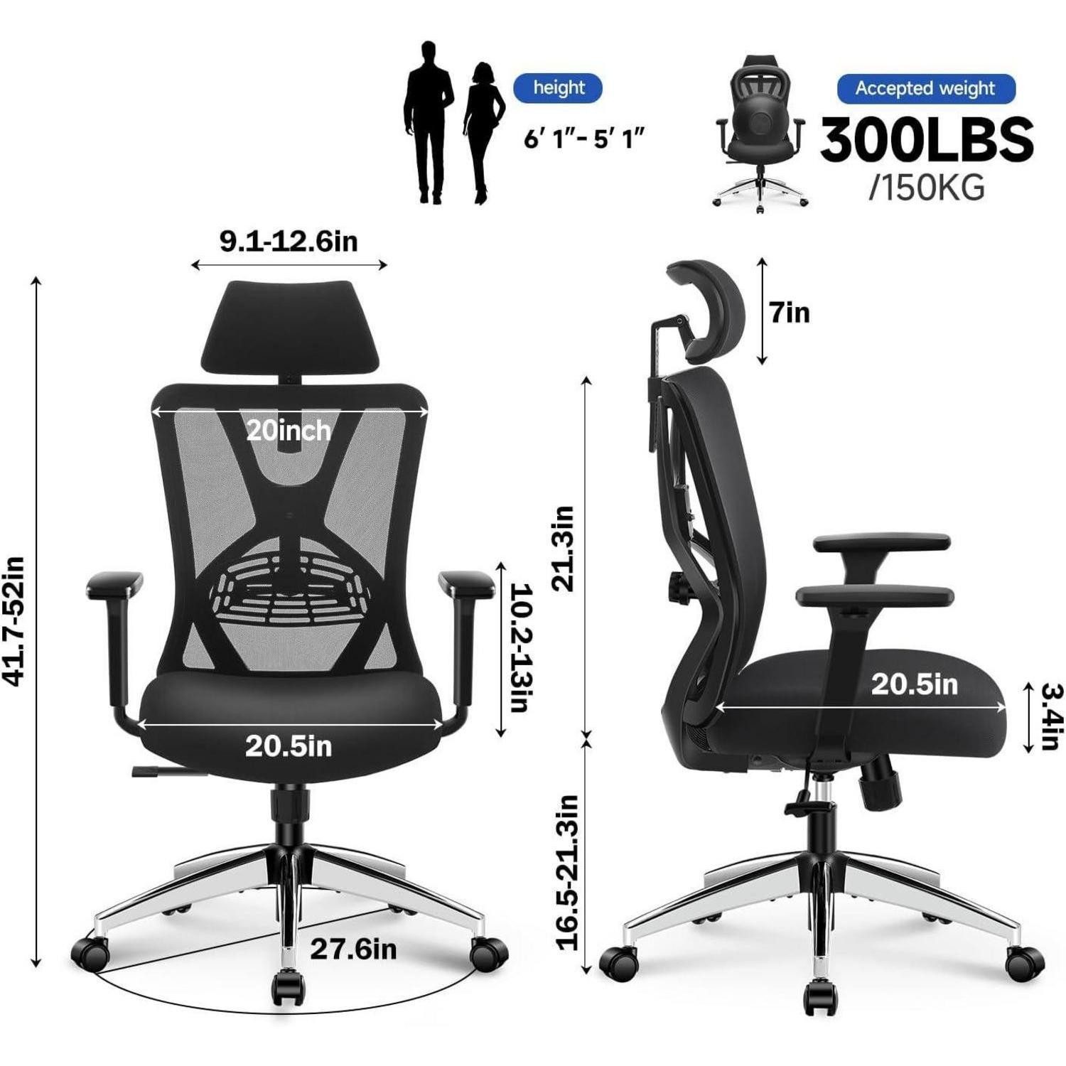 LuxusKollektion Bürostuhl Bürostuhl Ergonomisch mit Verstellbarer Lendenwirbelstütze, Kopfstütze