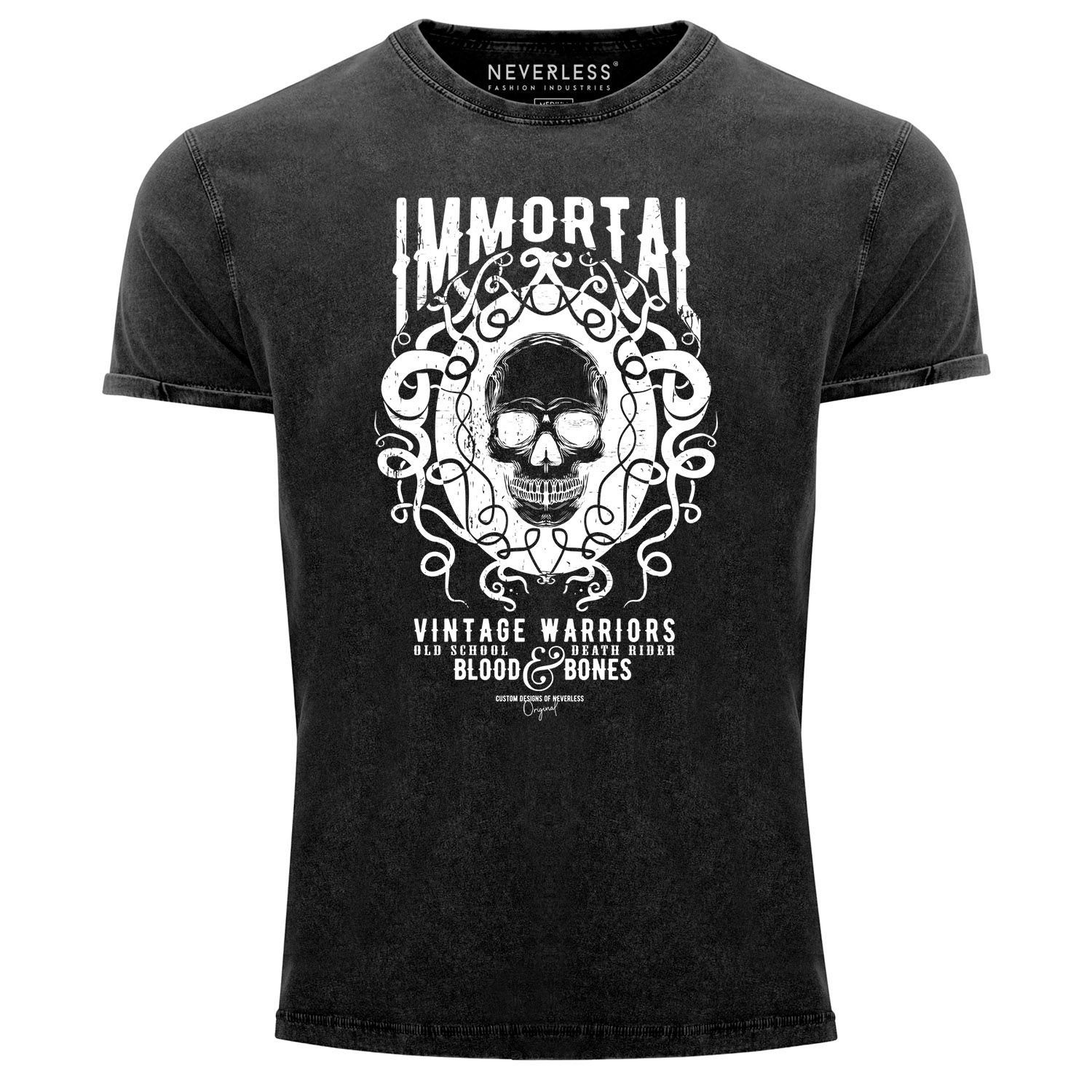 schwarz Look Print Neverless Herren Warriors Fit Slim Used Totenkopf Vintage Vintage T-Shirt Printshirt Skull Neverless® Shirt Print-Shirt mit Aufdruck Immortal