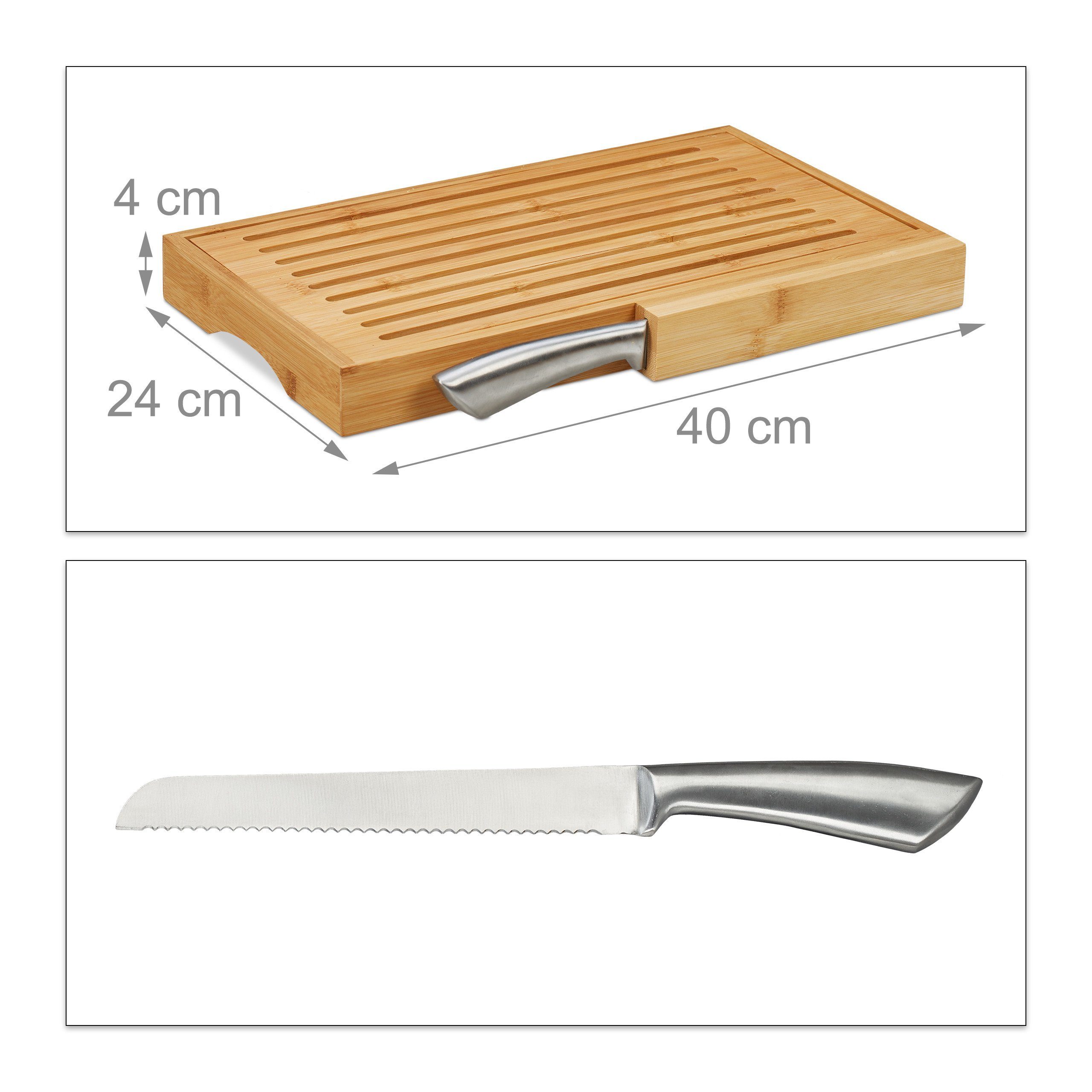 Brotschneidebrett mit relaxdays Messer, Brotschneidebrett Bambus