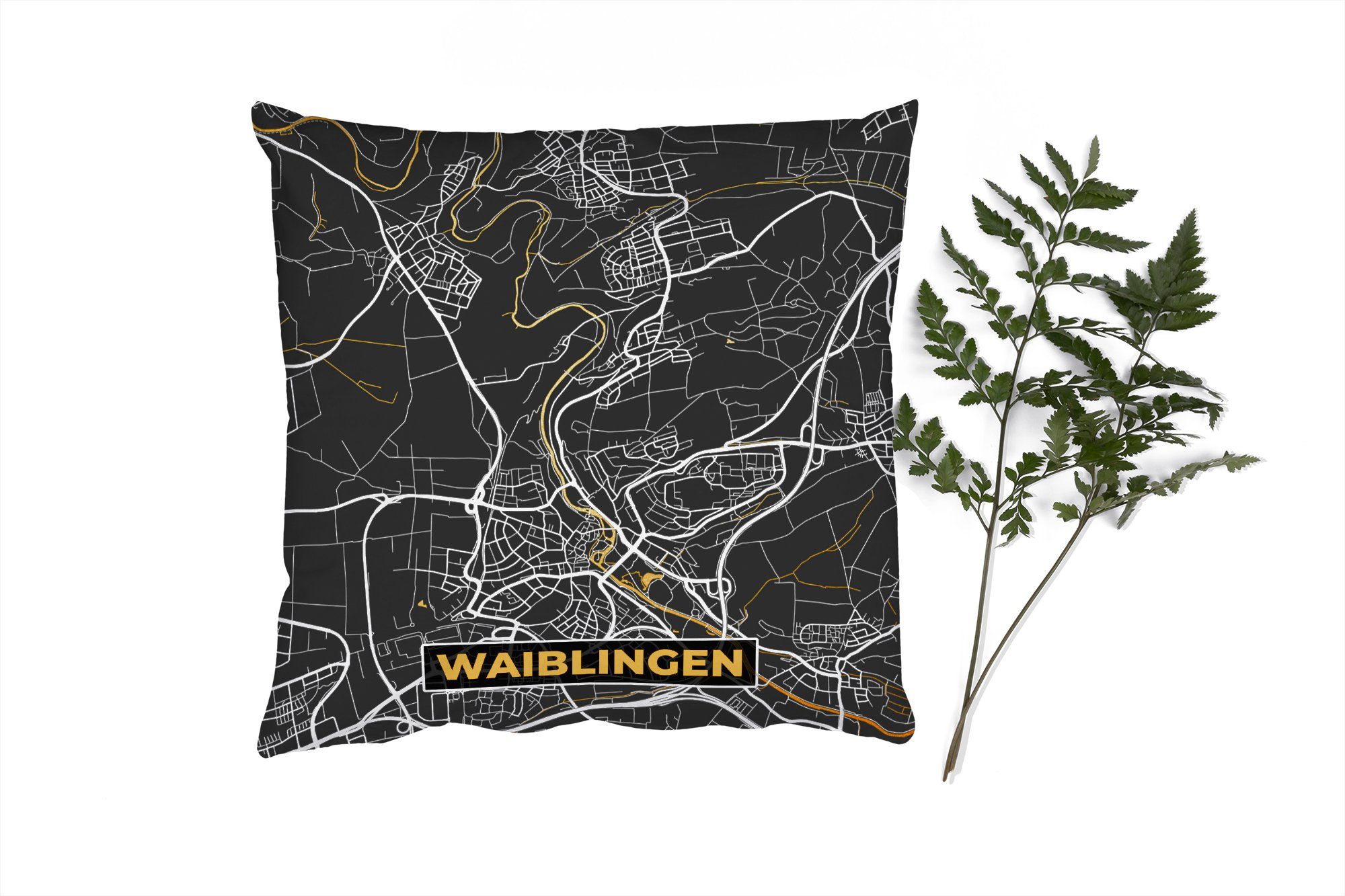 MuchoWow Dekokissen Karte - Waiblingen - Gold - Stadtplan - Deutschland, Zierkissen mit Füllung für Wohzimmer, Schlafzimmer, Deko, Sofakissen