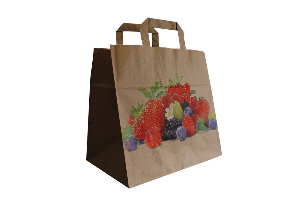 Tragetasche Papiertragetasche Kraft braun "Beeren", 80 g/qm, 26 + 17 x 25 cm (10-tlg)