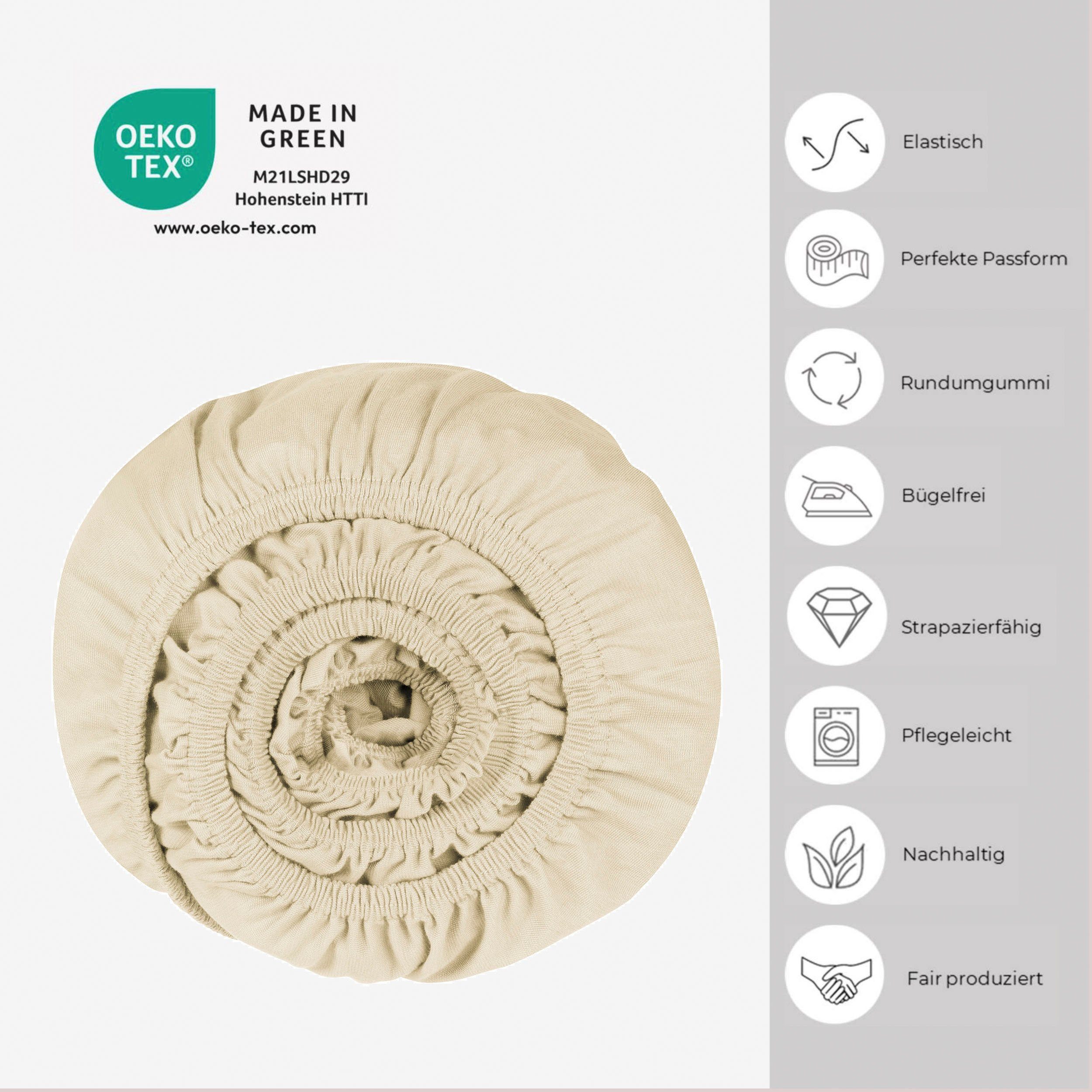 Spannbettlaken Elli aus 97% Baumwolle und 3% Elasthan, Schiesser, Jersey- Elasthan, Gummizug: rundum, (1 Stück), für hohe Matratzen und Boxpringbetten  geeignet, Made in Green
