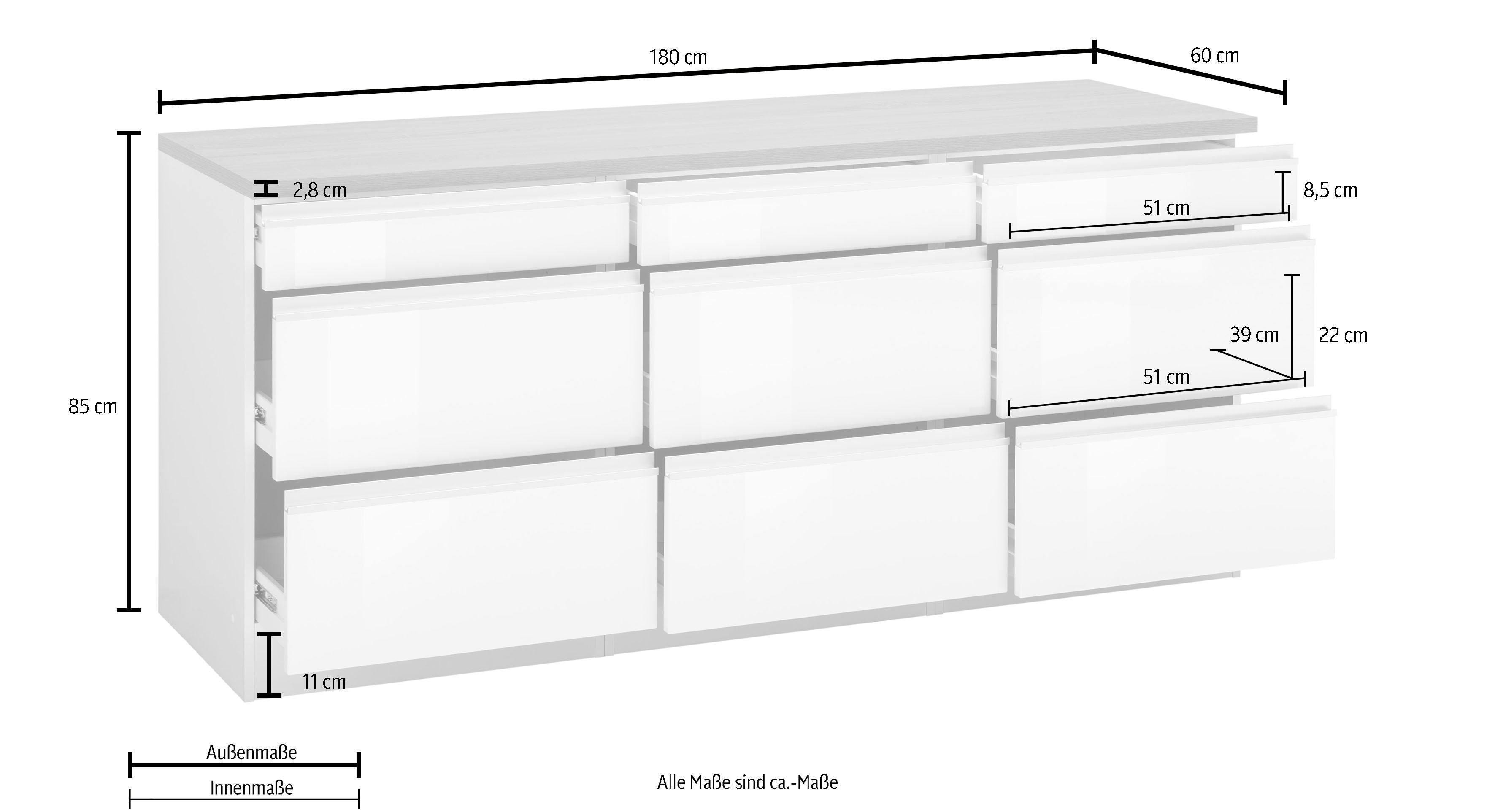 grau Unterschrank cm Hochglanz/grafit 180 HELD Breite MÖBEL Ohio