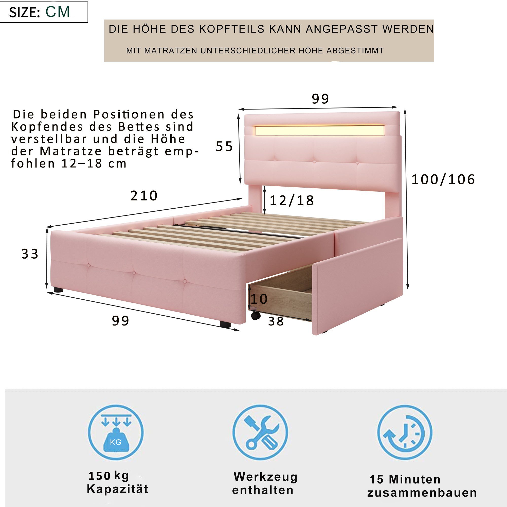 Flieks Polsterbett, LED Beleuchtung Einzelbett 2 Schubladen Leinen 90*200cm