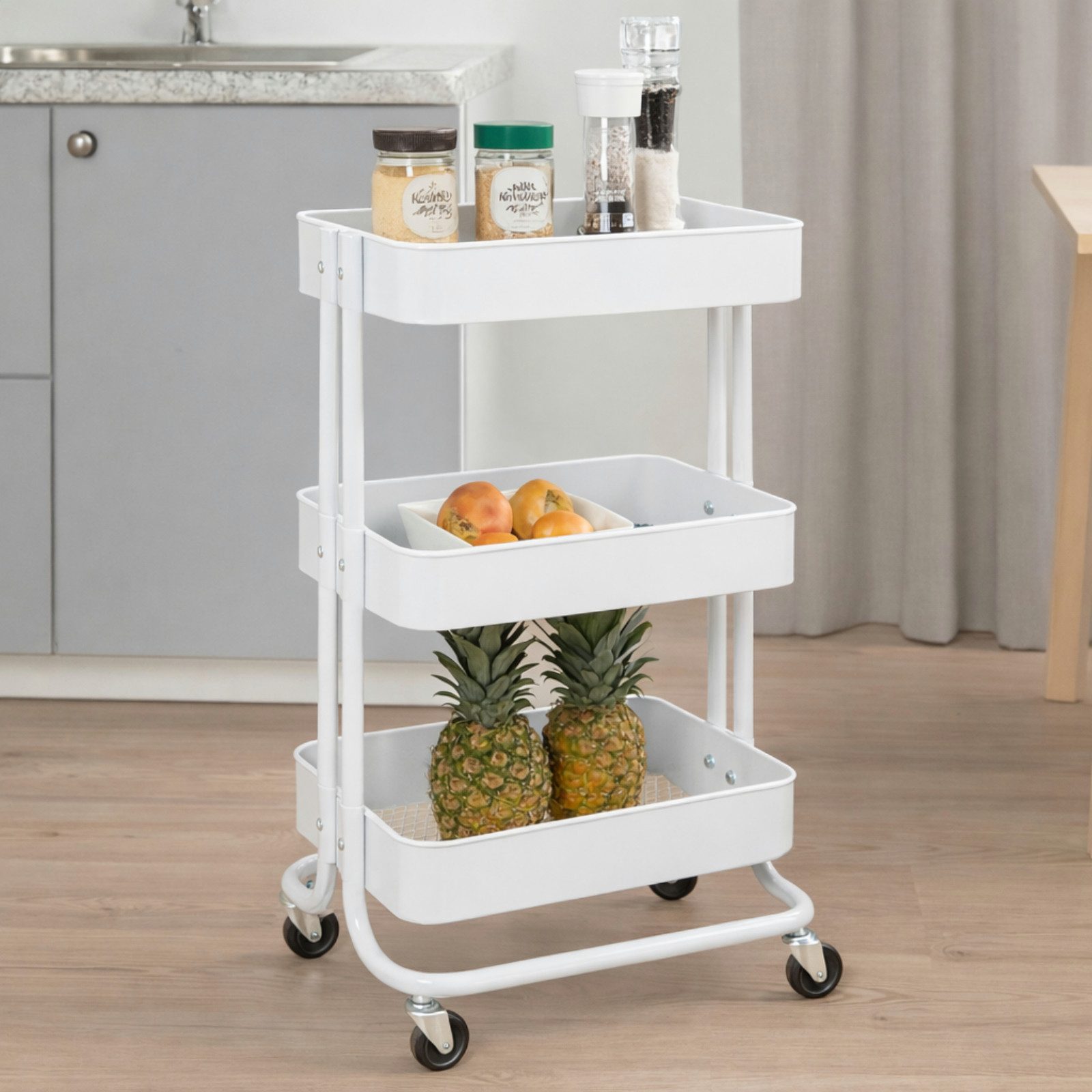 Koopman Küchenwagen Rollwagen Aufbewahrung Metall 76x46x33 cm Bausatz Montage Weiss, (1 St), Weiß, 76x46x33cm, Metall, 3 Ebenen, mit Rollen