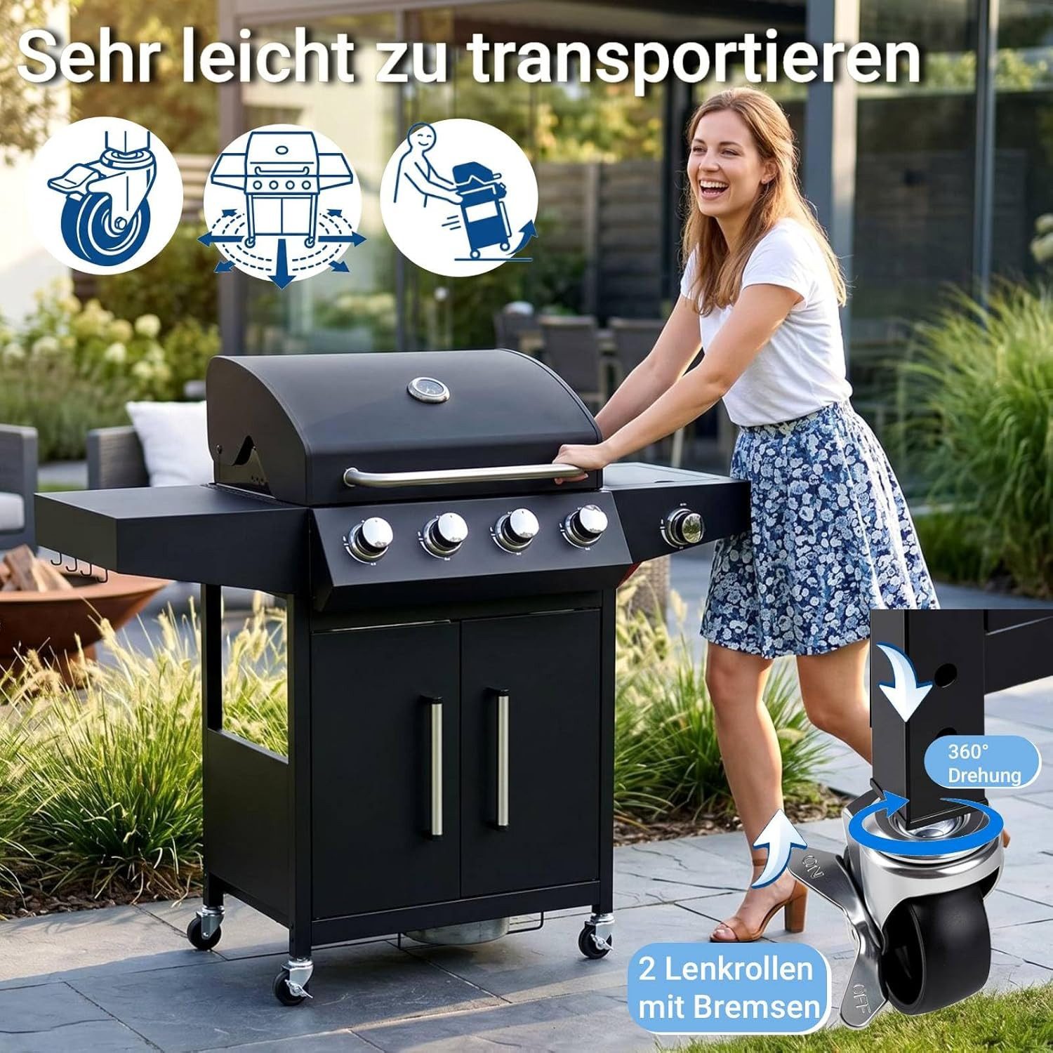 TLGREEN Gasgrill 4+1 Brenner,15 kw Gas Grillwagen BBQ mit Seitenkochfeld, Standgrill DE I3B/P(50) Gasdruckregler, Grillküche Camping Garten(Butan/Propan)