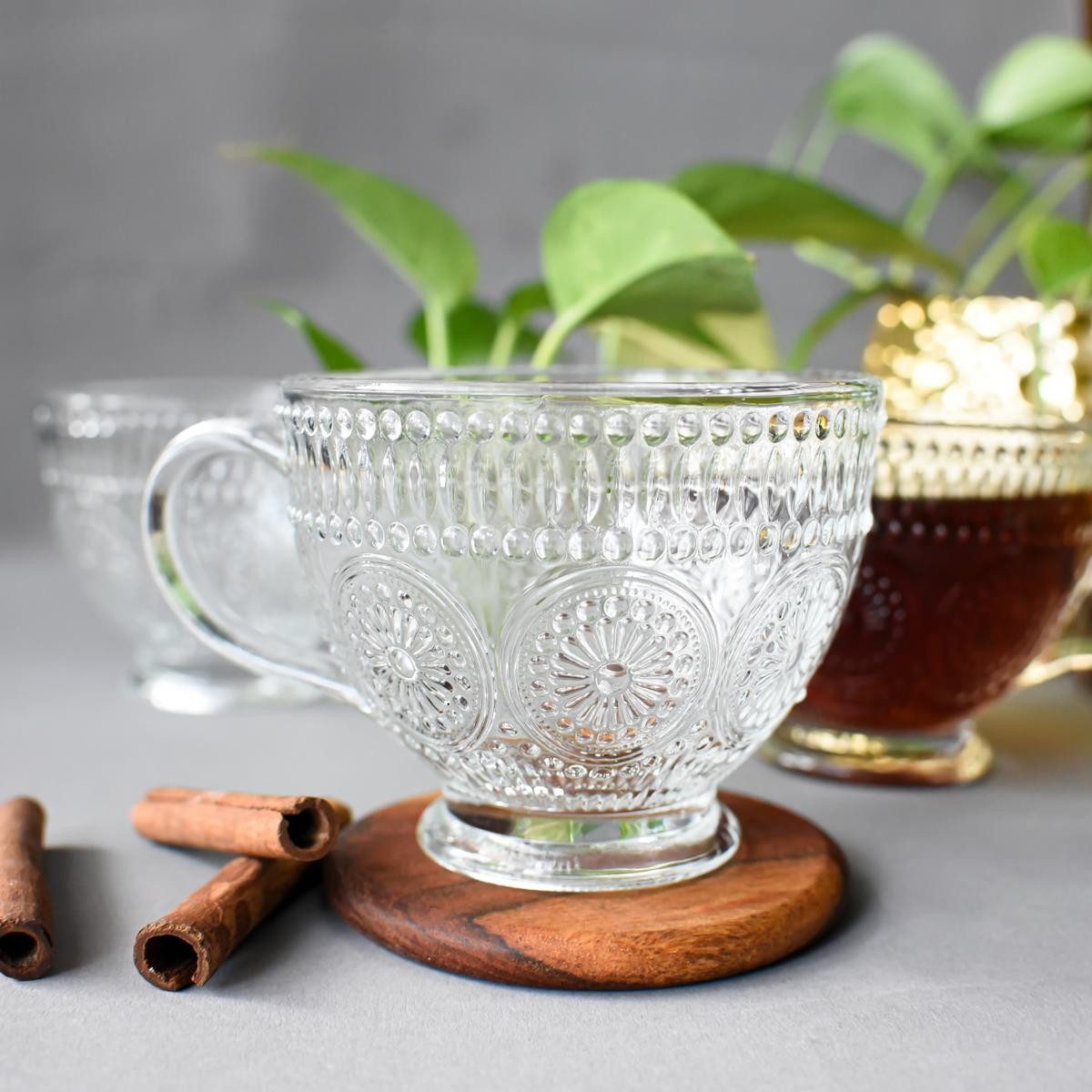 Sendez Cappuccinotasse mit Relief Kaffeegläser Teegläser Trinkgläser 430ml, 6-tlg., Glas