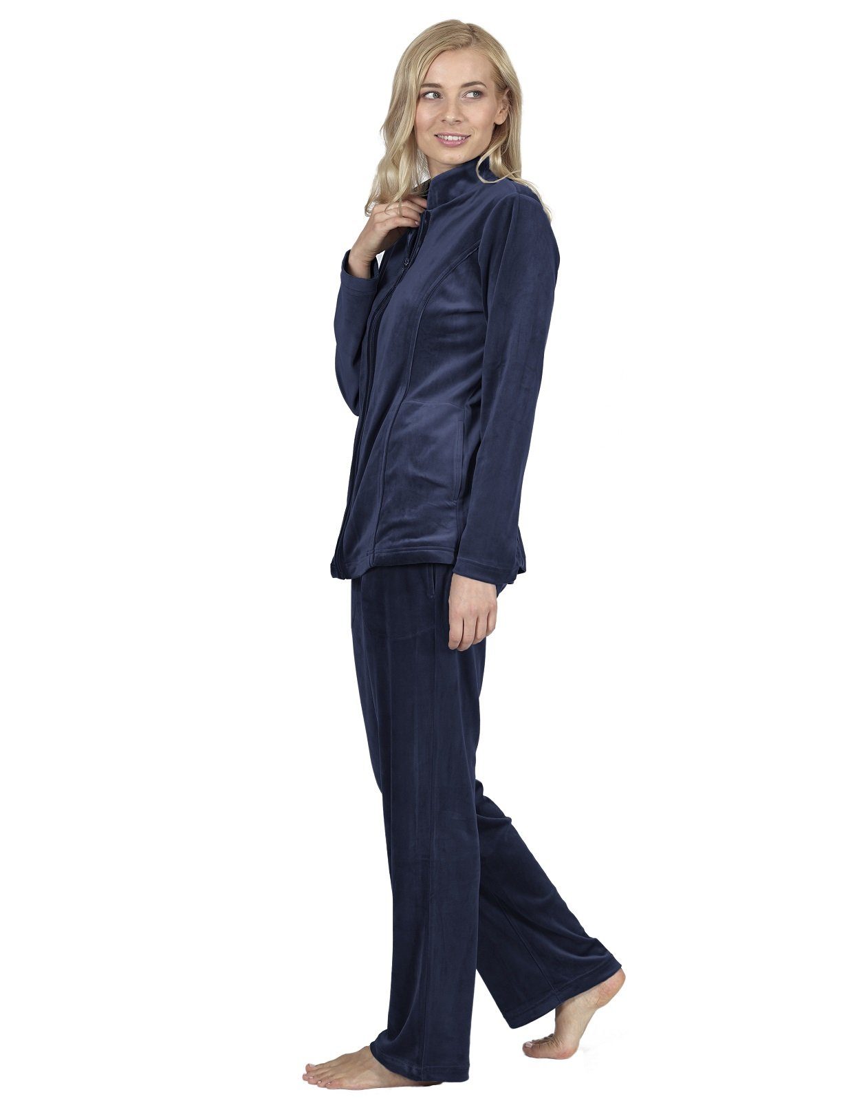 RAIKOU Hausanzug Damen Nicki Freizeitanzug Homewear Paillettenreihen Nachtblau Hausanzug mit Reißverschluss