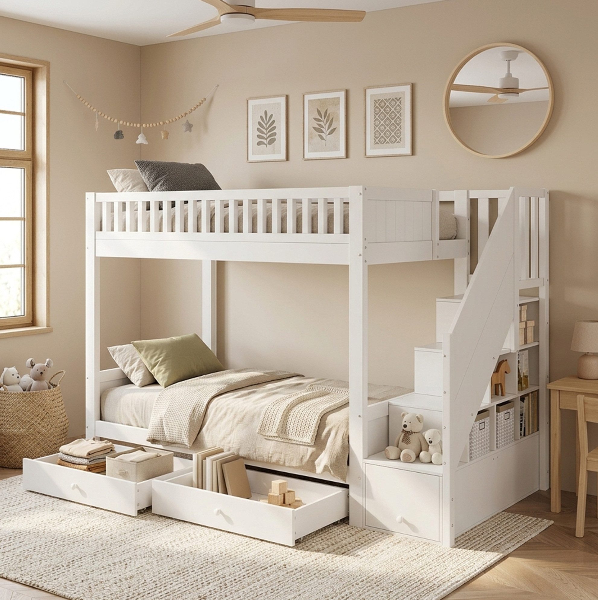 MODFU Etagenbett Kinderbett mit Stauraumlösung, praktischer Treppe (Holzbett 90x200 cm, 2 Schubladen-Bettkästen und Schutzgeländer, Funktionsbett Stauraumbett), ohne Matratze